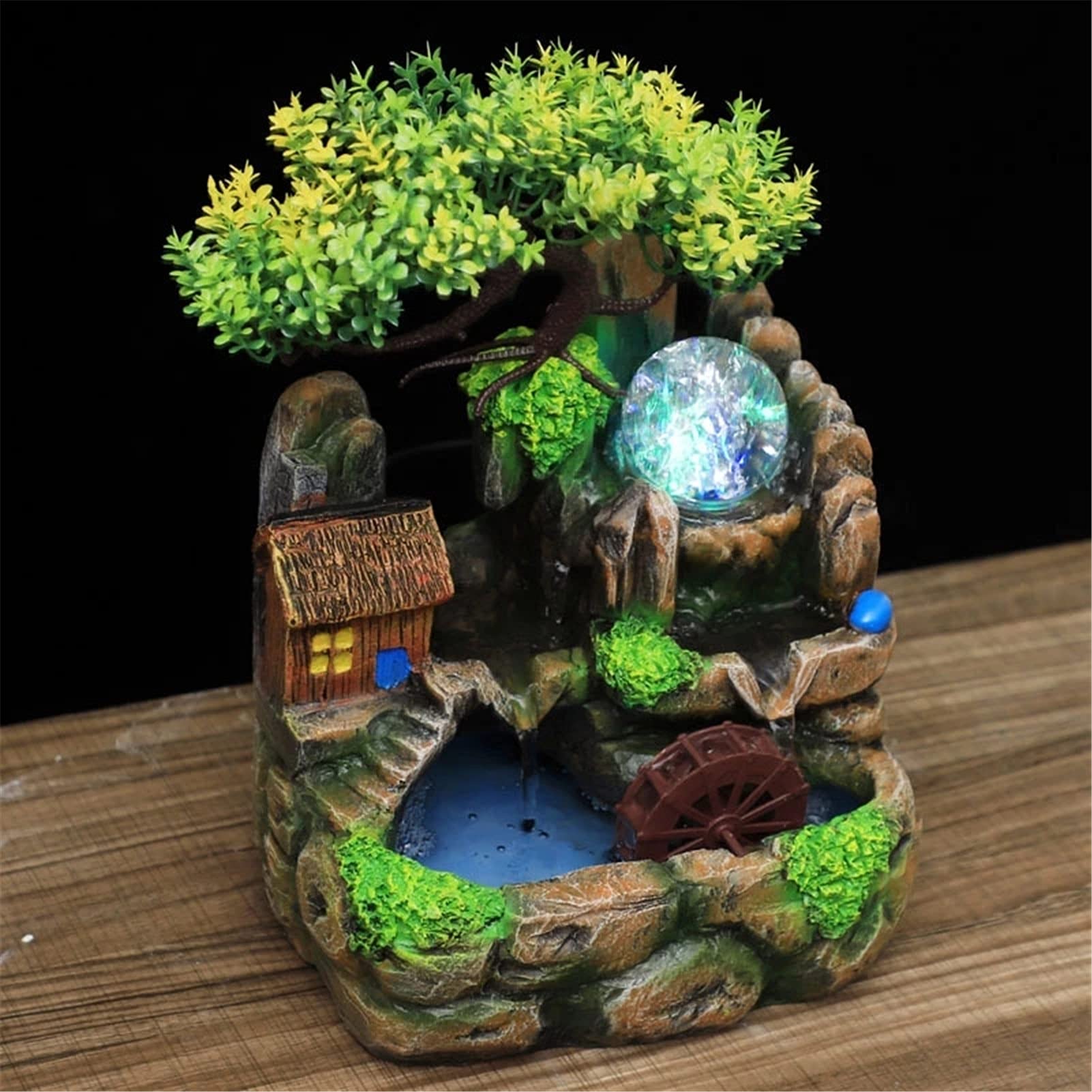 Desktop Waterfall Fountain with LED Lights - Resin Rockery Flowing Water Feature, Feng Shui Lucky Wheel for Office & Home Decor - Perfect for Stress Relief, Meditation Spaces & Zen Home Décor