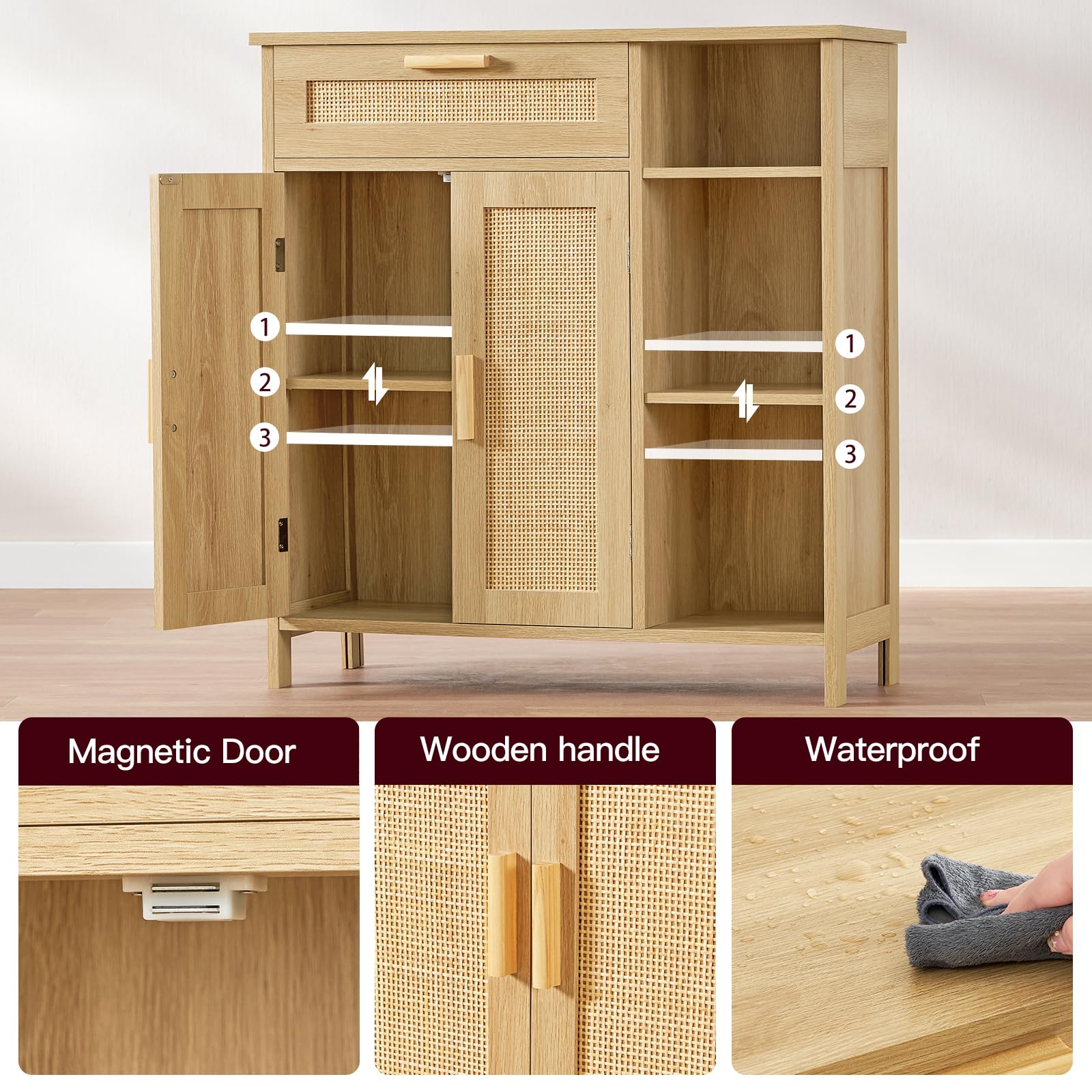 Rattan Storage Cabinet with Drawer & Adjustable Shelves - Natural Weave Sideboard Buffet for Living Room, Entryway, Dining Room - Perfect for Home Organization and Stylish Storage Solutions