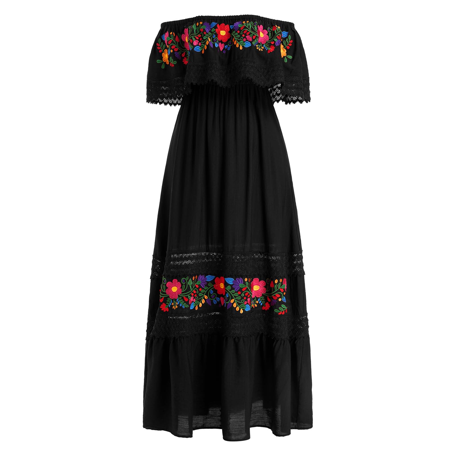 IDOPIP Mexican Dresses for Women - Floral Embroidered Maxi Dresses, Summer Ruffle Off Shoulder Traditional Fiesta Party Vestidos - Perfect for Cinco de Mayo, Beach Vacations & Cultural Celebrations