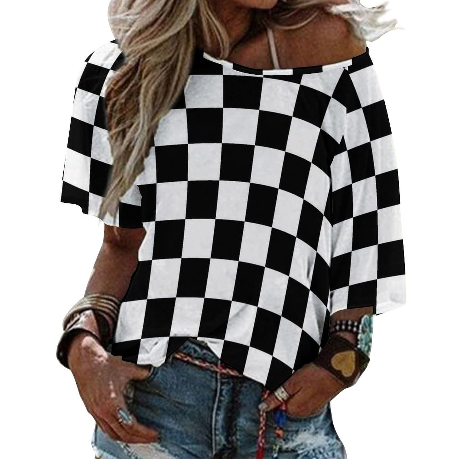 Sexy Black & White Checkered Flag Off-Shoulder T-Shirt for Women - Casual Short Sleeve Top for Racing Events, Concerts & Summer Outfits