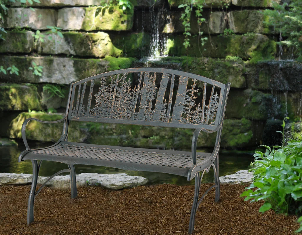 Rustic Aspen Wood and Cast Iron Bench – Outdoor Garden Patio Bench for Porch, Yard, and Park Seating