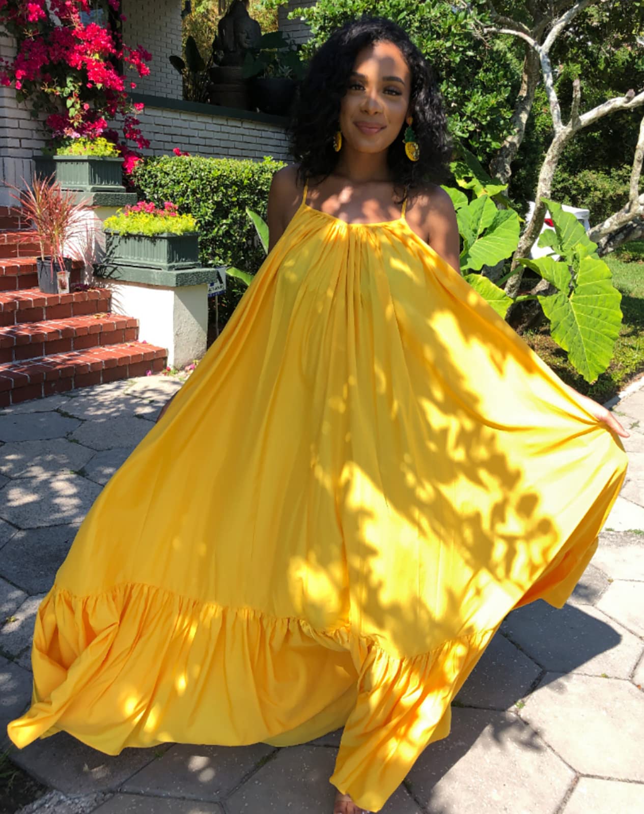 Women's Sexy Sleeveless Spaghetti Strap Ruched Ruffle Hem Maxi Dress - Plus Size Beach Cover Up, Summer Vacation, Date Night & Party Swing Dress