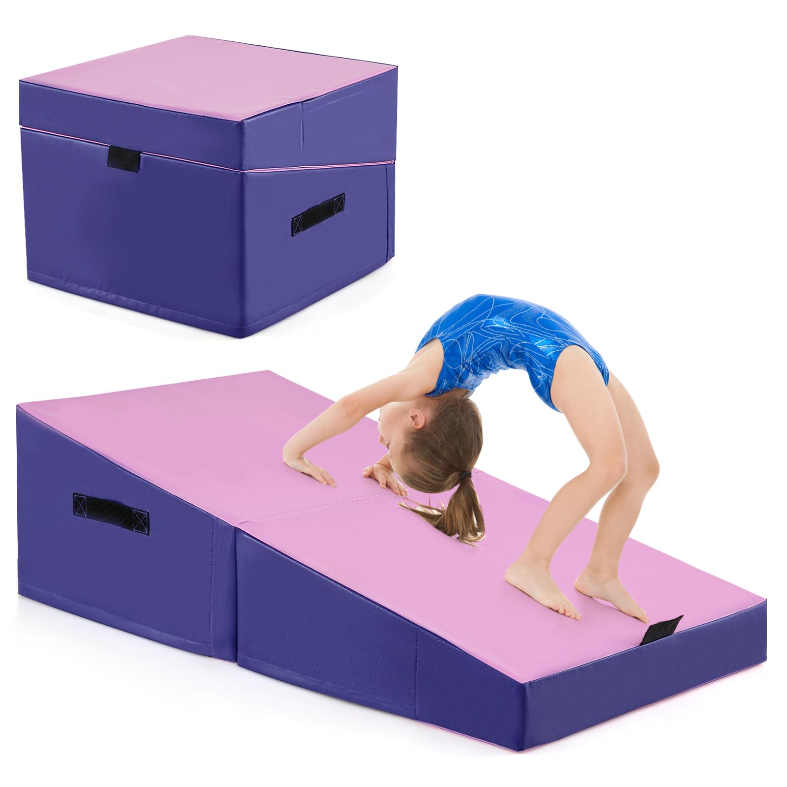 Goplus Folding Incline Yoga Mat - Non-Slip PVC Leather Gymnastics Mat with EPE Foam & Carrying Handle | Foldable Cheese Wedge Exercise Mat for Home Gym, Fitness Studio & Indoor Workouts | Perfect for Yoga, Pilates, Stretching & Rehabilitation Exercises