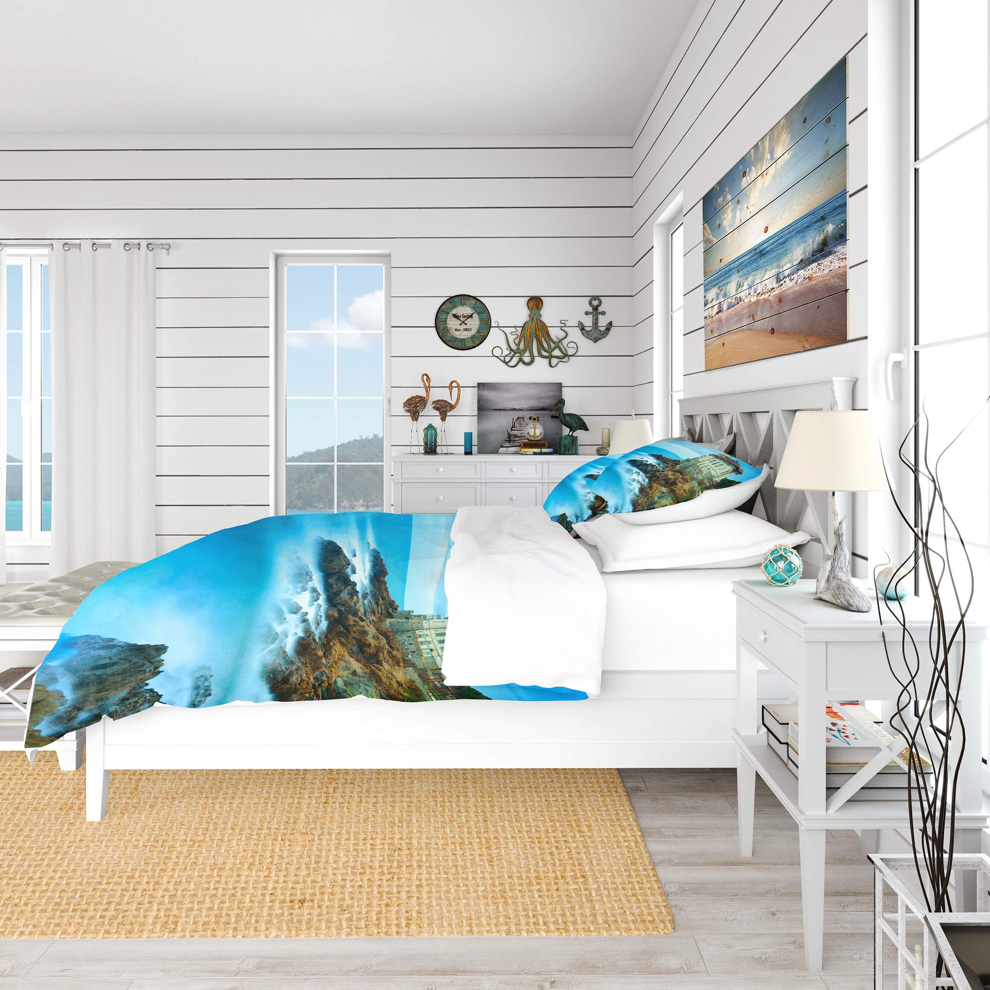 Coastal Duvet Cover Set King - Blue Nautical Bedding for Beach House Decor