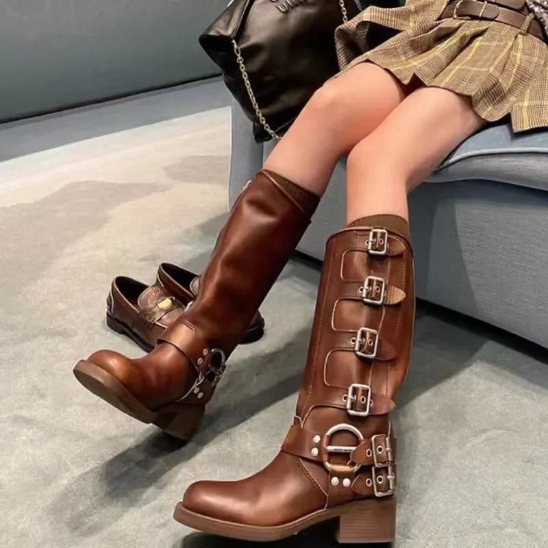 2023 Trendy Women's Platform Combat Boots with Heel & Buckle - Vintage Fashion Western Mid Calf Boots for Casual & Luxury Wear | Perfect for Fall Outfits, Street Style & Cowgirl Looks