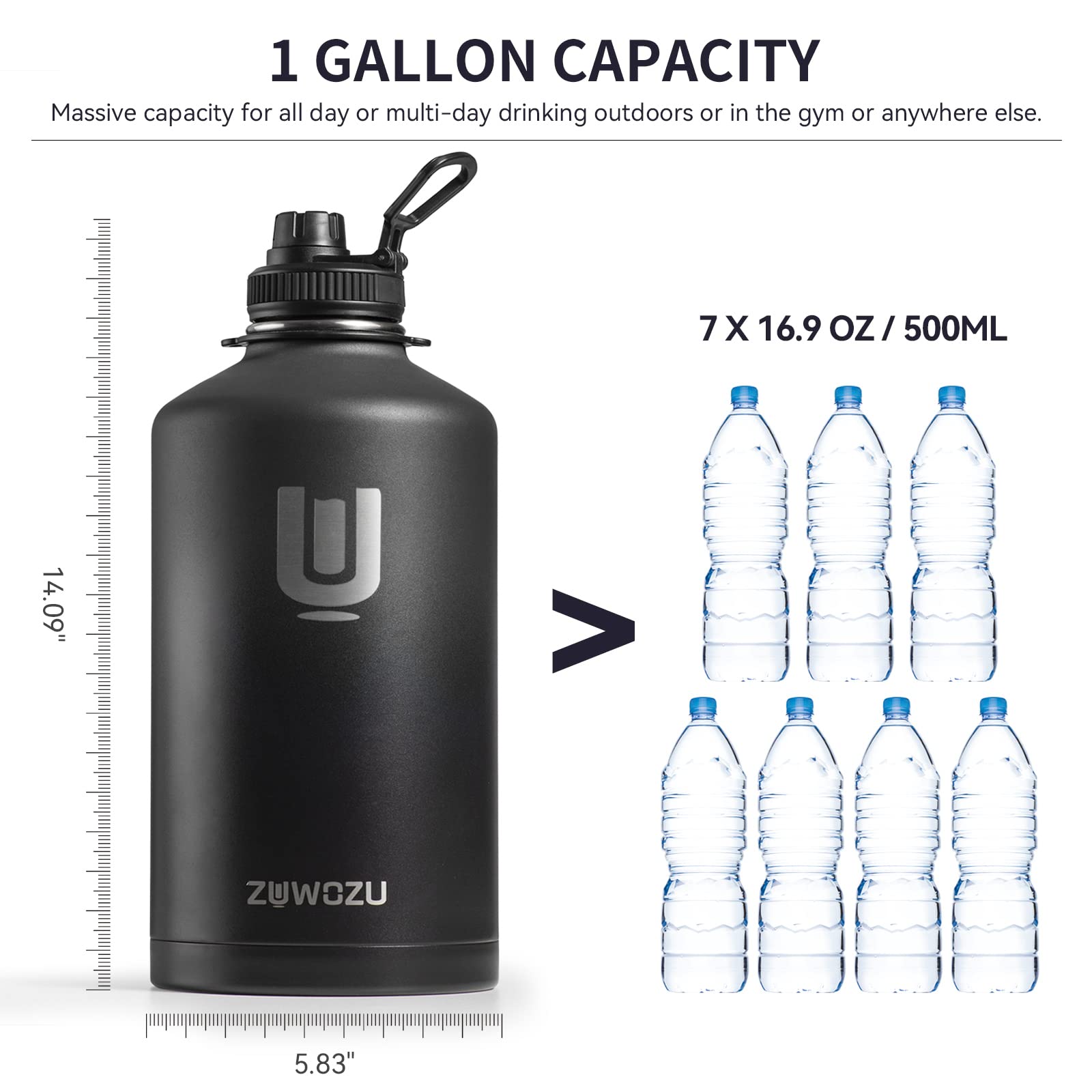 1 Gallon Insulated Stainless Steel Water Bottle with Straw, Spout & Handle - 128oz Large Water Jug for Hot & Cold Drinks - Perfect for Camping, Hiking, Sports, Gym & Outdoor Activities - Black