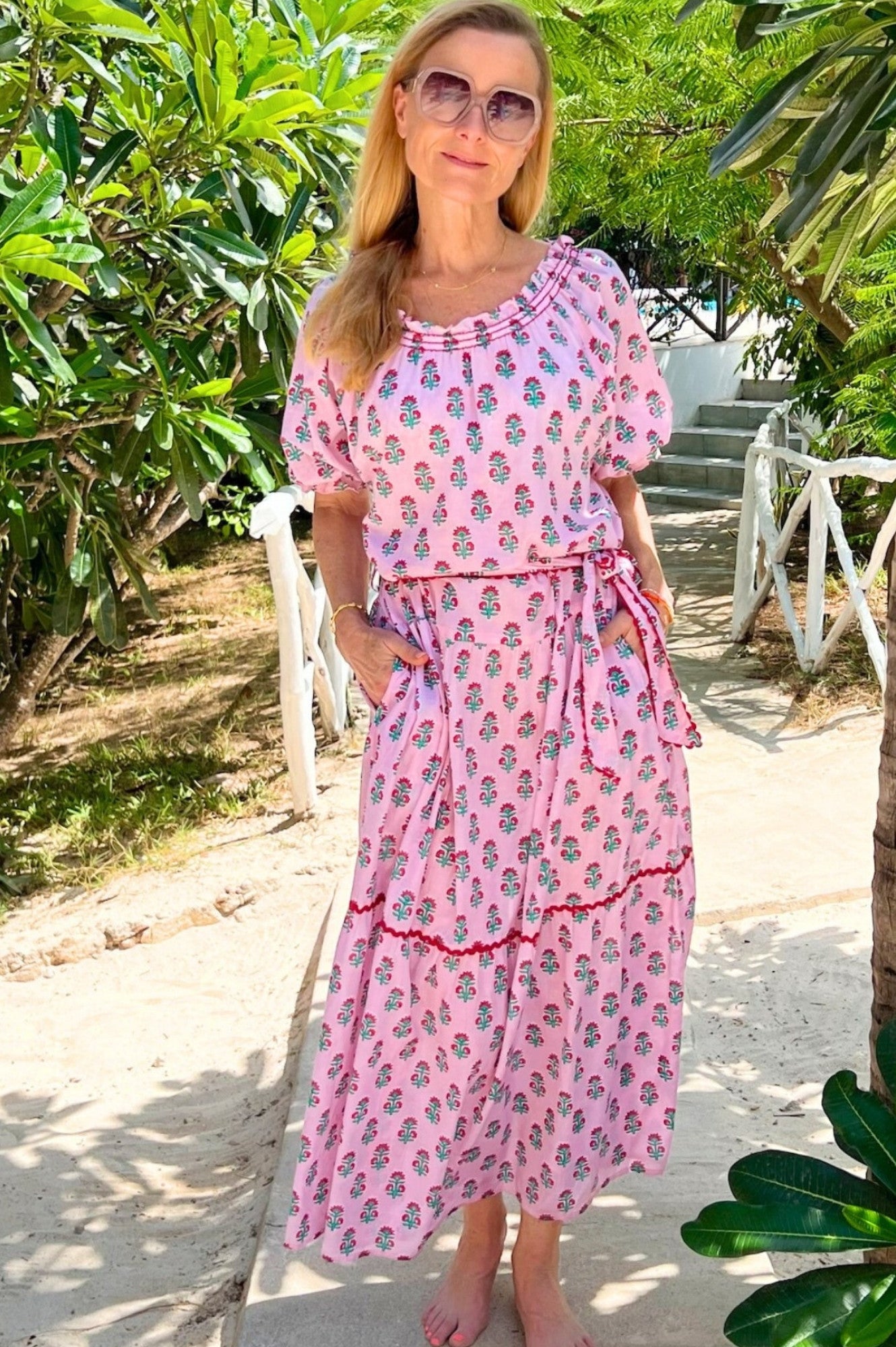 Violet Block Print Dress with Sunflower Buti Pink Design | Floral Summer Dress for Women | Perfect for Beach Vacations, Parties & Casual Outings