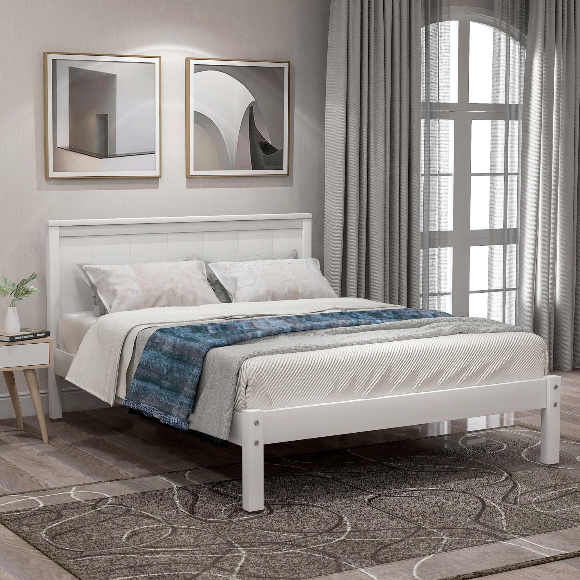 P PURLOVE Twin Size Wooden Platform Bed Frame with Headboard & Slat Support - No Box Spring Needed, White - Perfect for Small Bedrooms, Guest Rooms & Dormitories
