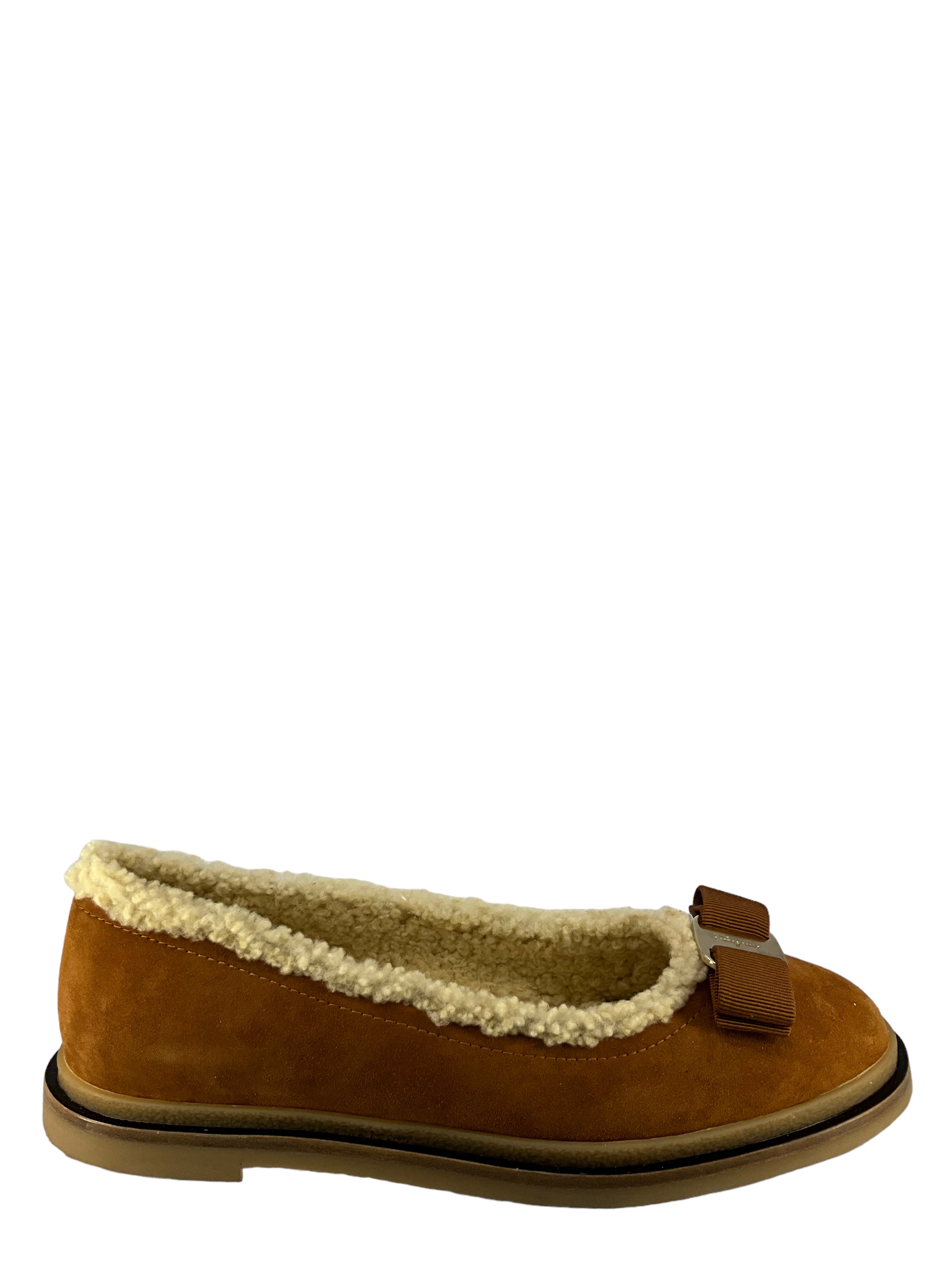 Salvatore Ferragamo Varina Suede Shearling Ballerina Flats - Women's Brown Size 7.5 | Comfortable Winter Shoes for Work & Casual Outfits