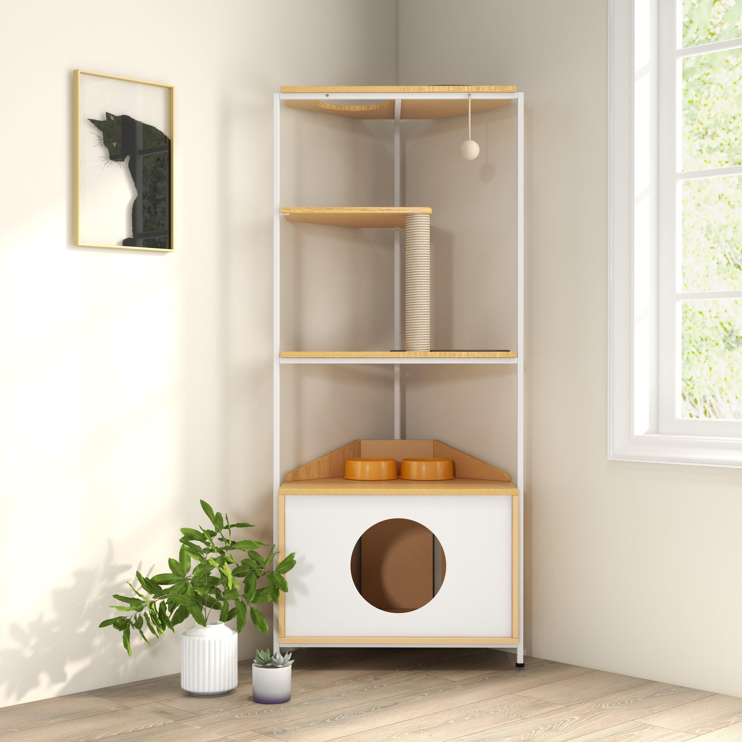 Premium Cat Tree with Scratching Post & Climbing Platforms - Multi-Level Cat Condo with Feeding Station - Sturdy Corner Cat Tower for Indoor Cats - Perfect for Play, Rest & Feeding in Small Spaces
