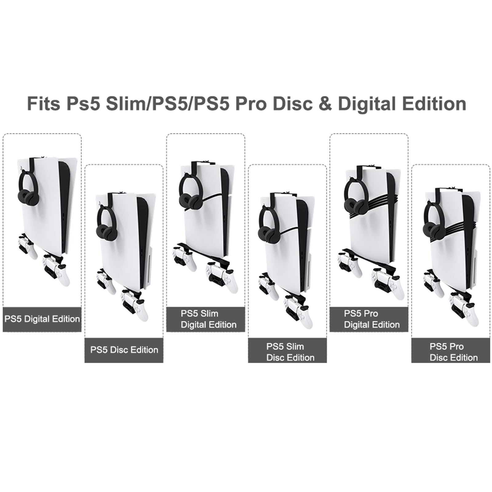 PS5 Wall Mount Bracket - Adjustable Length & Width for PS5, PS5 Pro & PS5 Slim Disc Edition | Secure Wall Shelf with Dual Controller Holder | Perfect for Gaming Room & Bedroom Setup