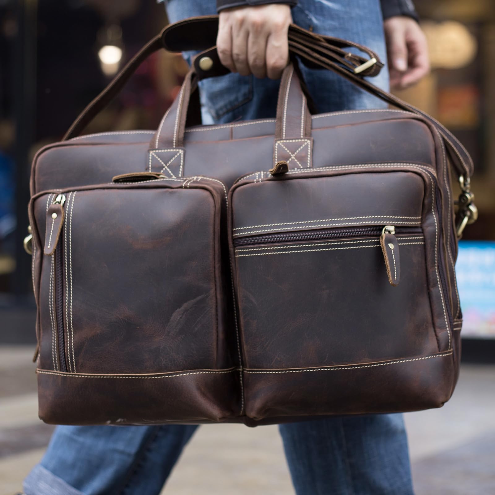 Premium Genuine Leather Briefcase for Men - Expandable 17 Inch Laptop Bag with Shoulder Strap - Business Travel Attache Case & Work Commuter Bag - Ideal for Office Professionals and Business Trips