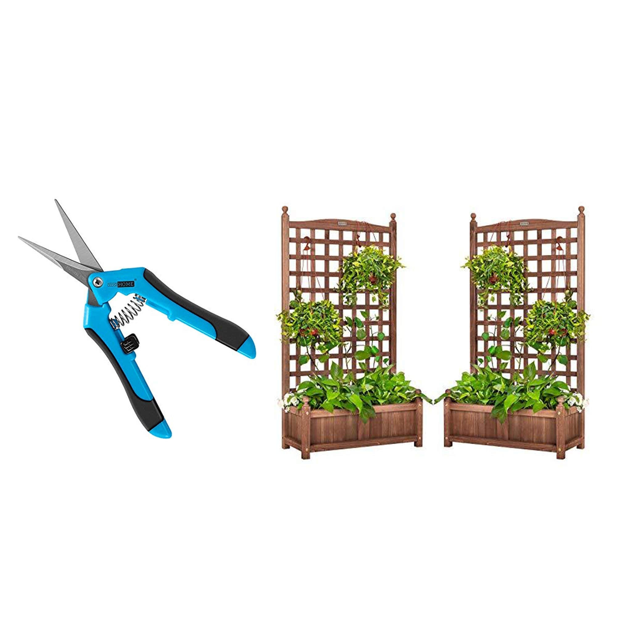 VIVOHOME Stainless Steel Hand Pruner & 2-Pack Wood Planter Raised Garden Beds with Trellis - Perfect for Gardening, Landscaping, and Outdoor Plant Care