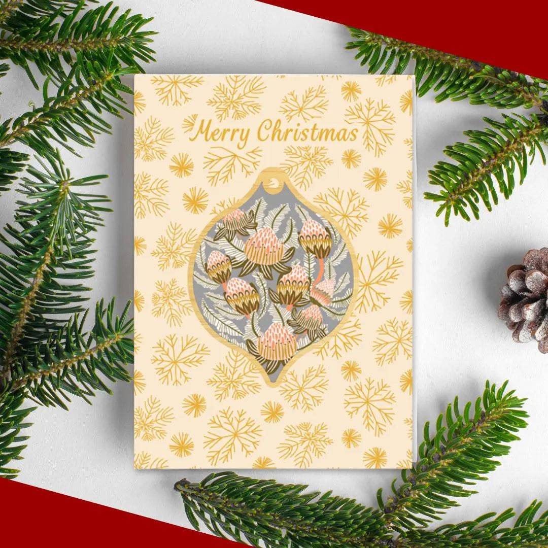 Bush Proteas Australian Christmas Card & Ornament Set - Perfect for Holiday Greetings and Festive Tree Decorations