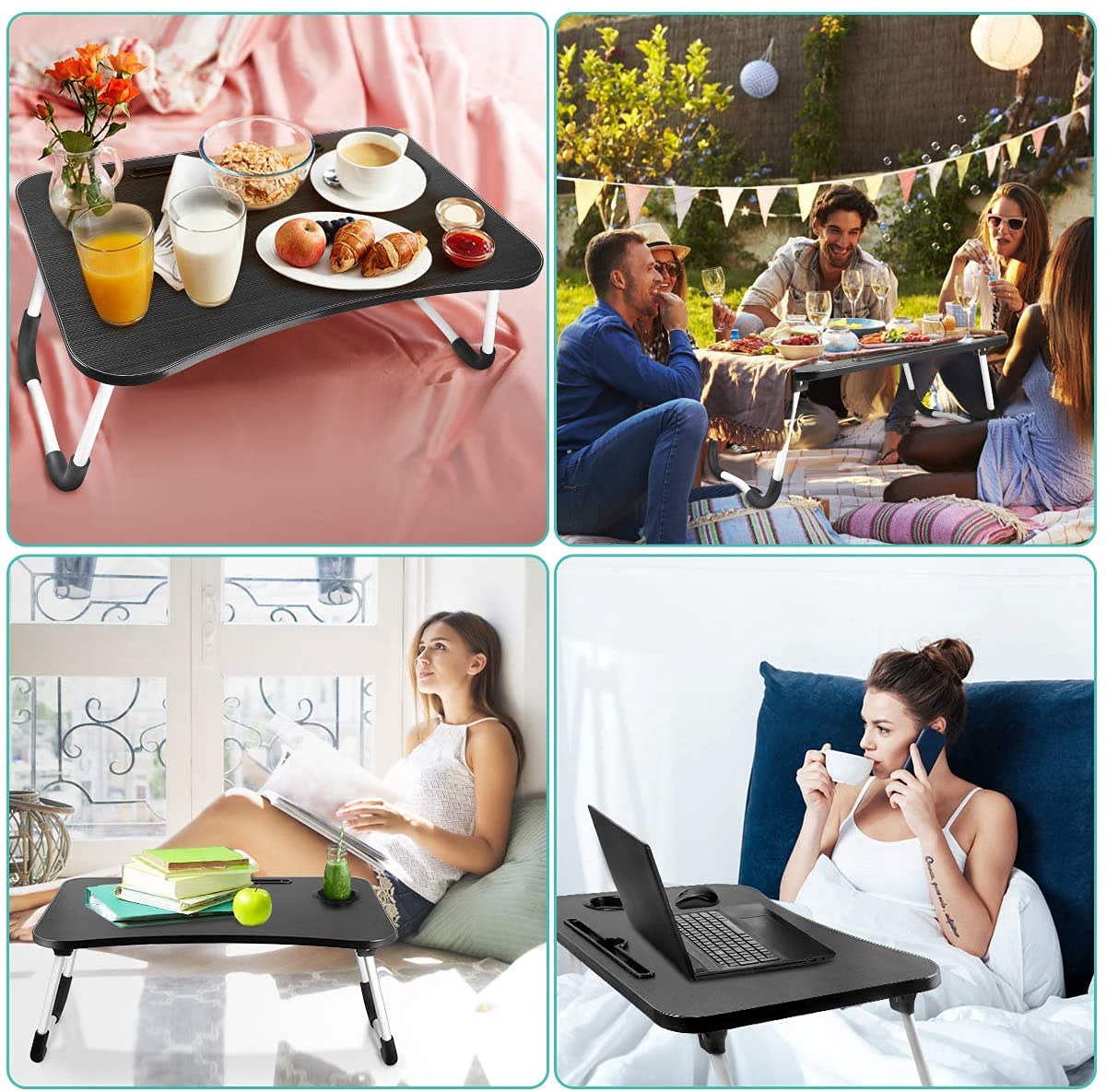 Portable Adjustable Laptop Desk Stand - Foldable Bed Tray Table with Cup Holder for Notebook, Breakfast, Reading & Watching Movies - Perfect for Home Office, Dorm Room, Sofa & Bed Use (Black)