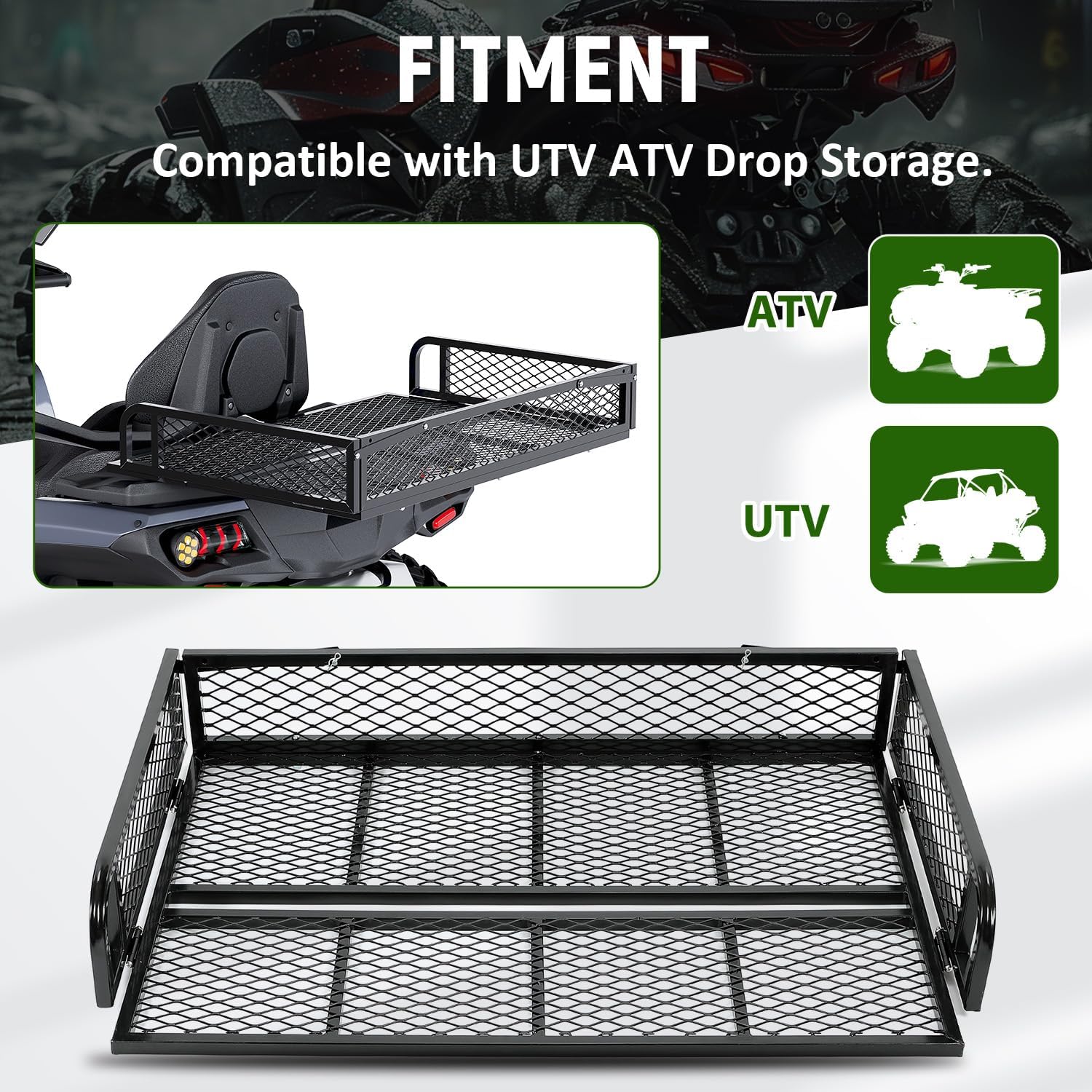 ECOTRIC Universal ATV UTV Rear Cargo Basket - Heavy Duty Black Steel Mesh Storage Rack for Hunting, Camping & Outdoor Adventures