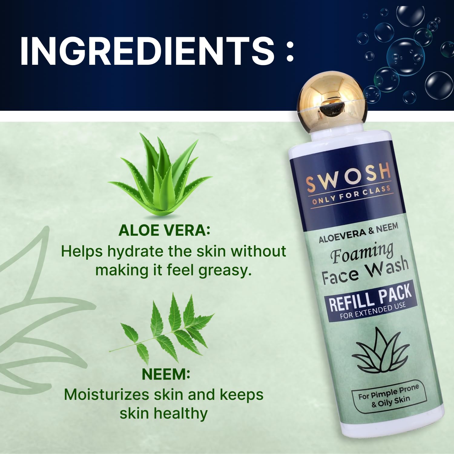 SWOSH Foaming Face Wash Refill Pack 200ml - Aloe Vera & Neem for Acne Prone Skin | Deep Cleansing, Exfoliating & Moisturizing Face Wash for Women & Men | Perfect for Daily Skincare Routine & Travel