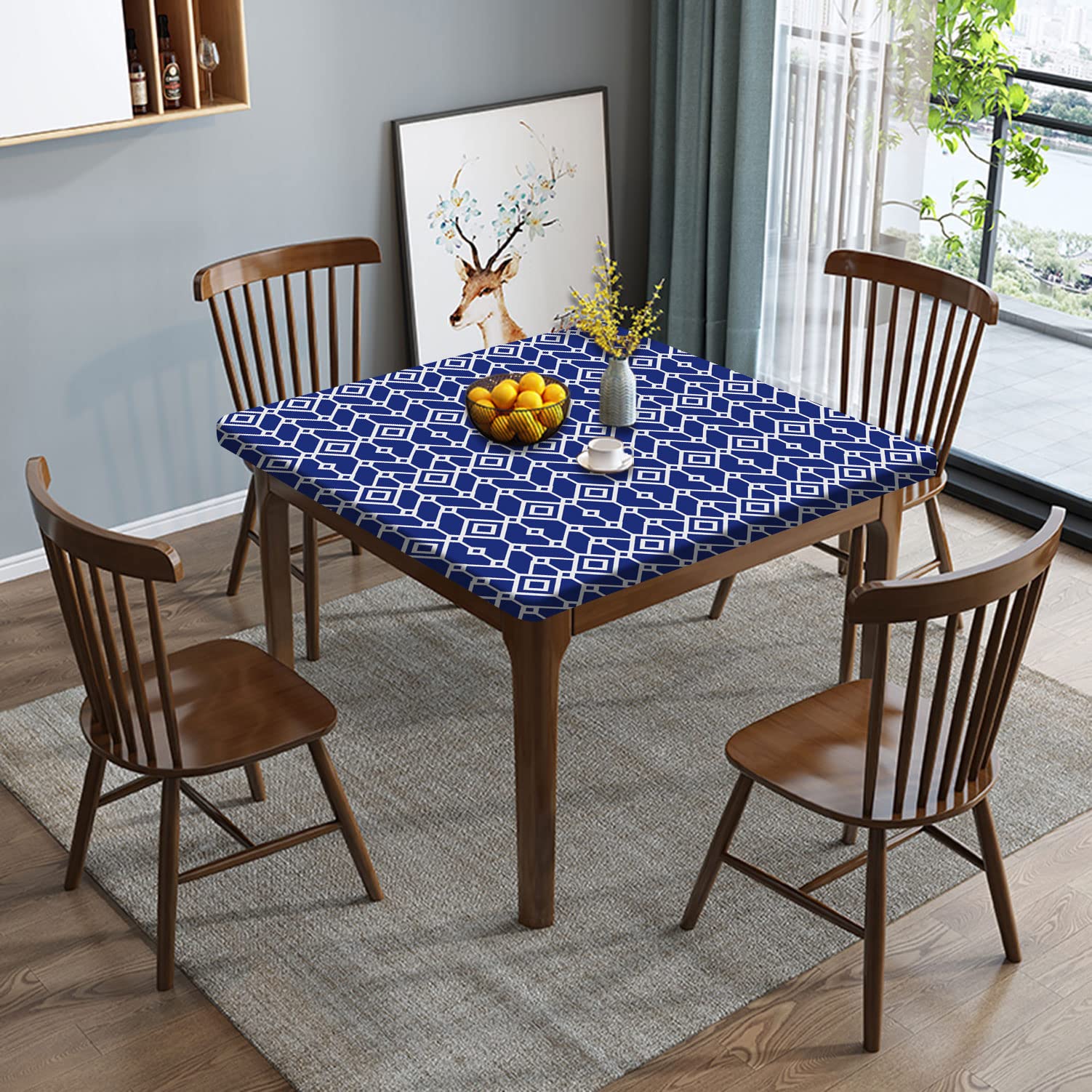 Premium Moroccan Fitted Square Tablecloth - Navy Blue Geometric Elastic Edge Table Cover | Dustproof, Oil Resistant & Machine Washable Polyester Fabric | Perfect for Holiday Dinners, Patio Parties & Family Gatherings | Fits 24x24 Inch Tables