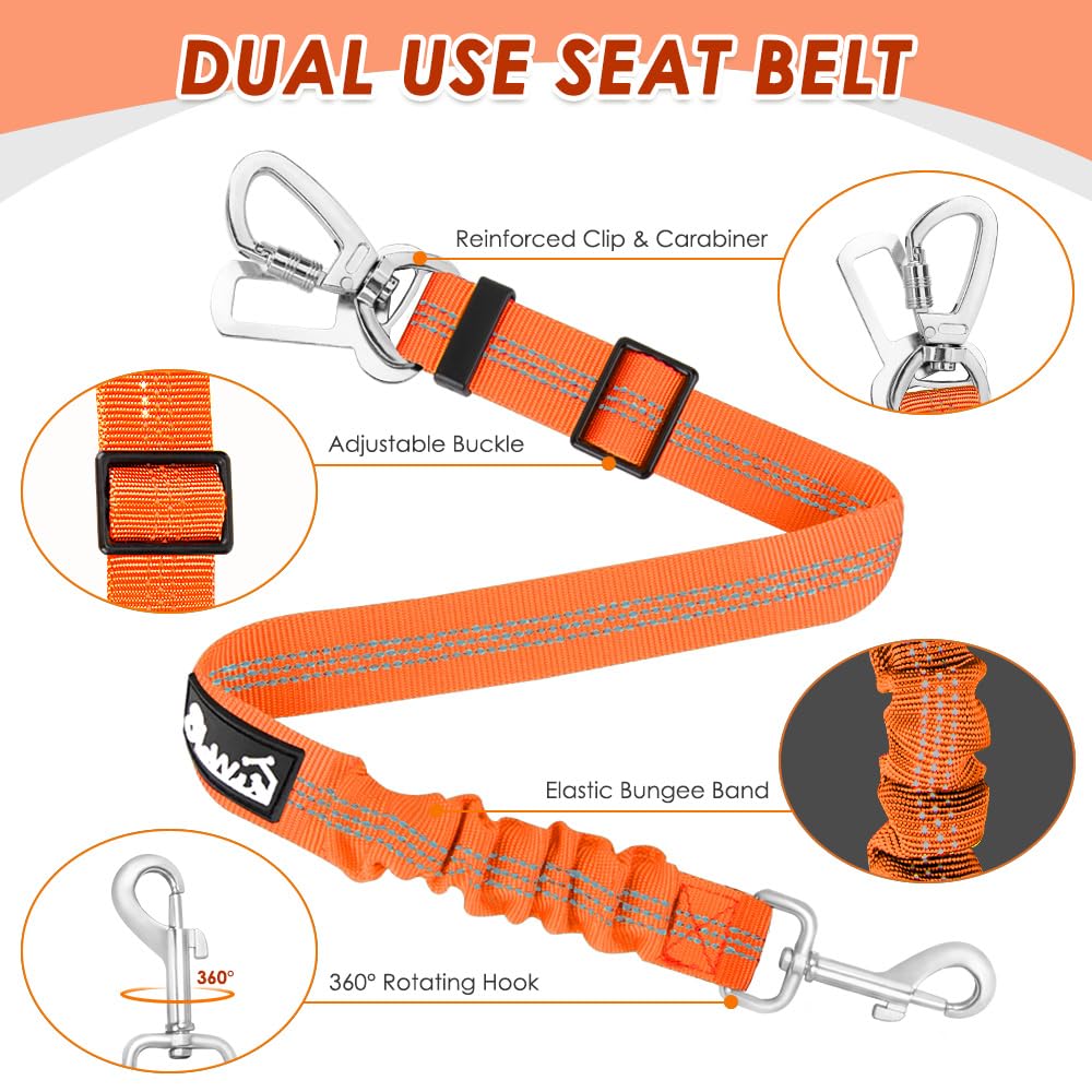 SlowTon 2 Pack Heavy Duty Adjustable Dog Seat Belt - Elastic Bungee Buffer Nylon Reflective Pet Safety Tether for Car Travel, Connects to Harness with Dual Clip (Orange) - Perfect for Road Trips & Safe Vehicle Rides with Your Pet