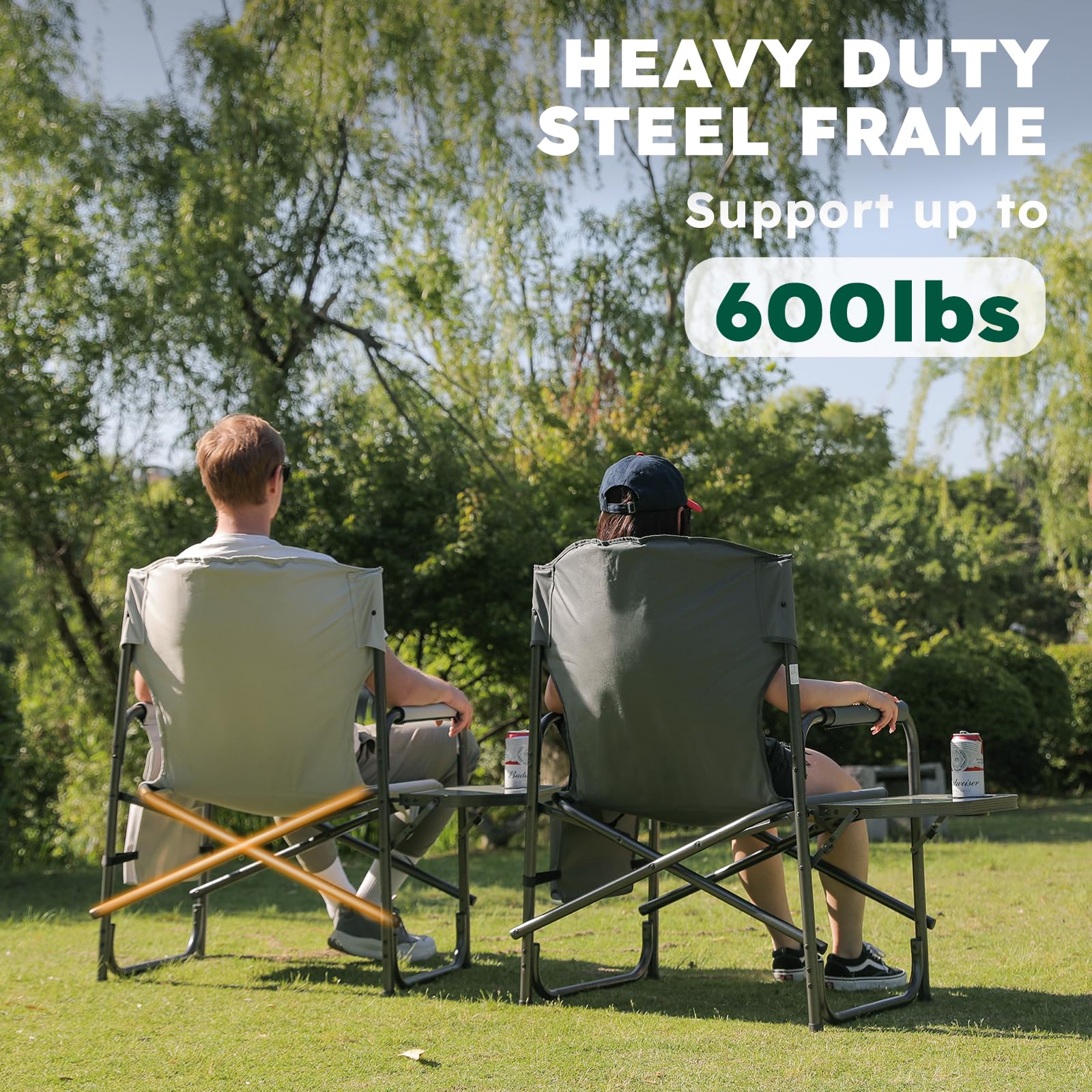 XXL Oversized Heavy Duty Directors Chair - Supports 600 Lbs - Foldable Side Table & Detachable Pocket - Sturdy Folding Outdoor Chair for Camping, Beach, Fishing, Lawn, Picnics & Backyard Relaxation (Black)
