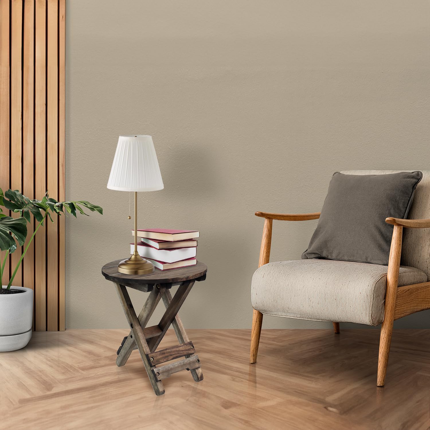 Small Patio Table - Outdoor Folding Side Table with Wood Table Top - Portable Accent Table for Living Room, Bedroom, Balcony & Garden - Round Walnut Coffee End Table (Set of 1) - Perfect for Outdoor Entertaining, Reading Nook & Small Space Decor
