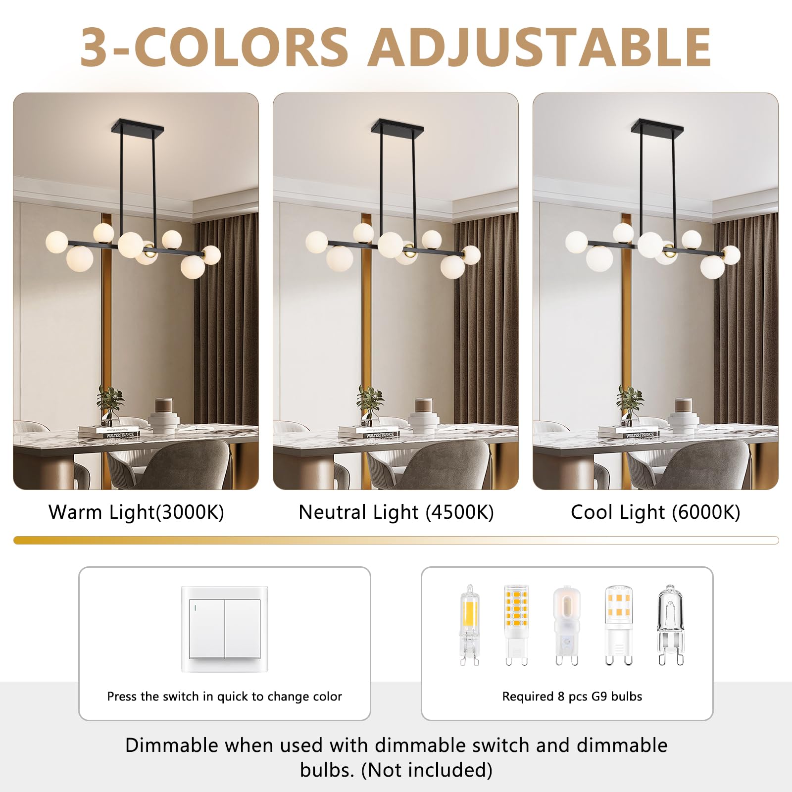 Jonsi Mid Century Modern 8-Light Globe Glass Linear Chandelier - Adjustable Black and Gold Ceiling Hanging Fixture for Dining Room, Kitchen Island, and Living Room Lighting
