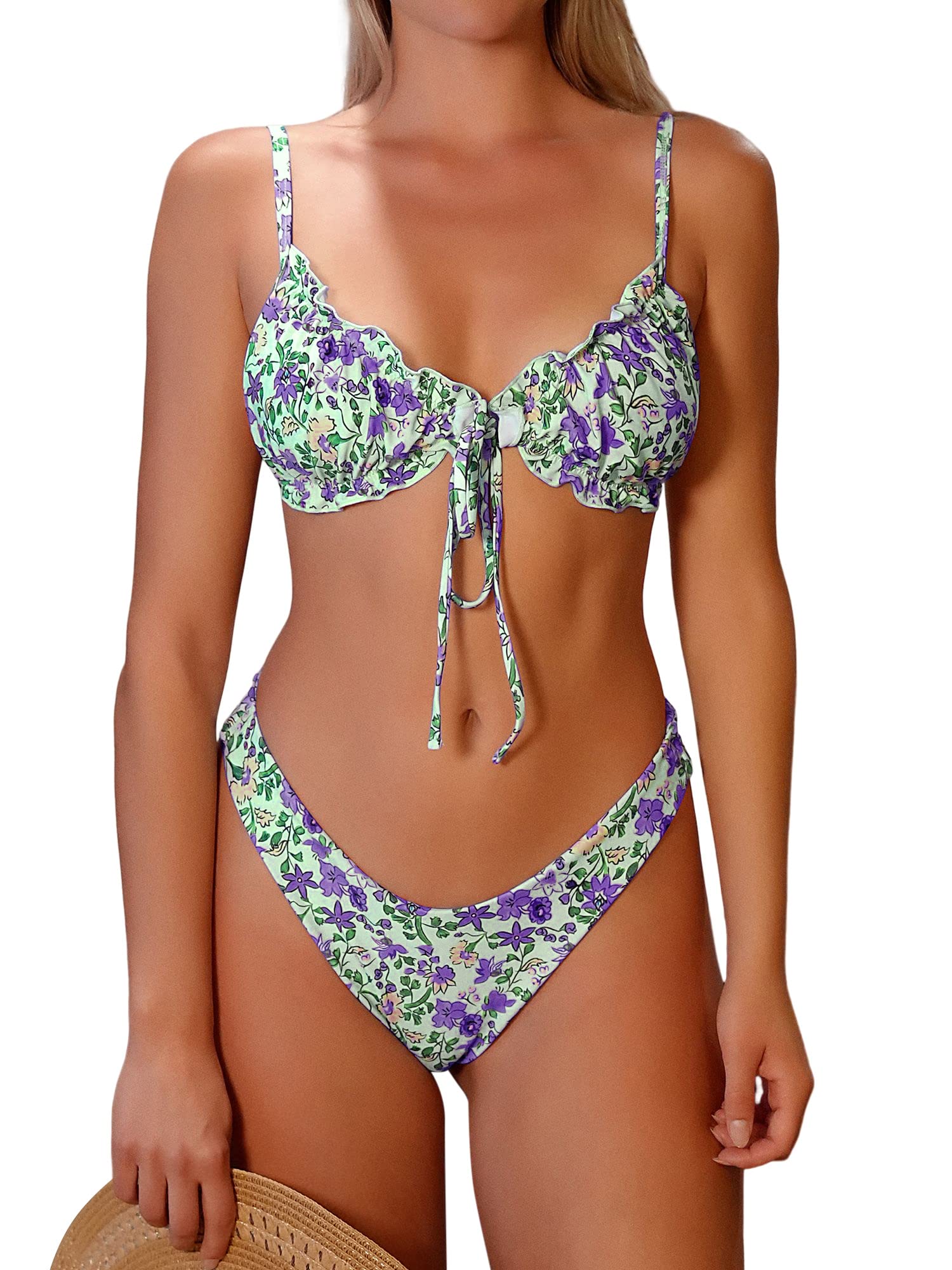 ZAFUL Women's Floral Print Triangle Bikini Set with Ruffles & Bow Tie - Sexy Two Piece Swimsuit for Beach, Pool Party & Summer Vacation