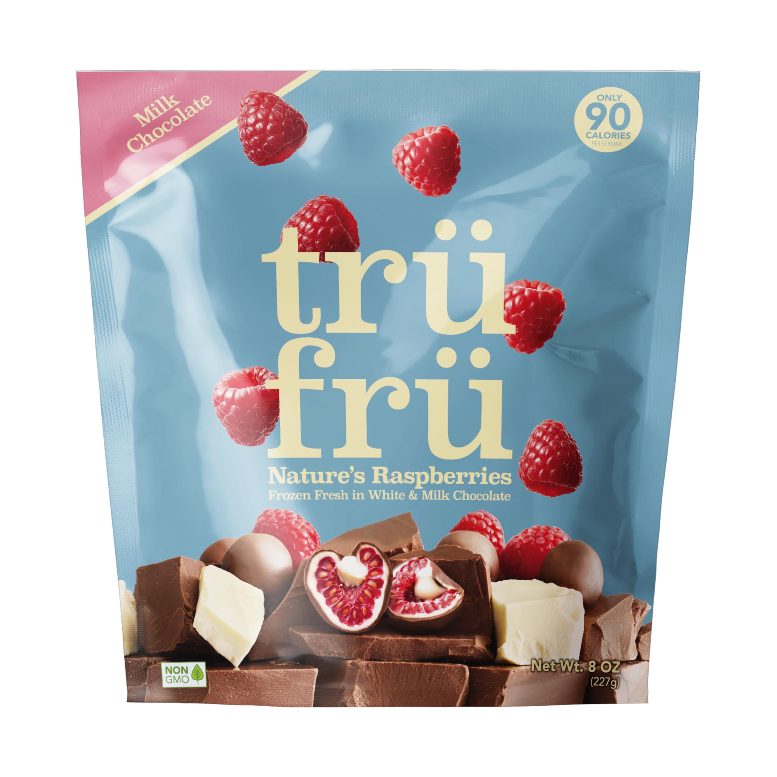 Tru Fru Nature's Raspberries Hyper-Chilled in White & Milk Chocolate - 8oz Bag | Gourmet Frozen Chocolate Covered Berries for Desserts, Snacking & Gift Giving