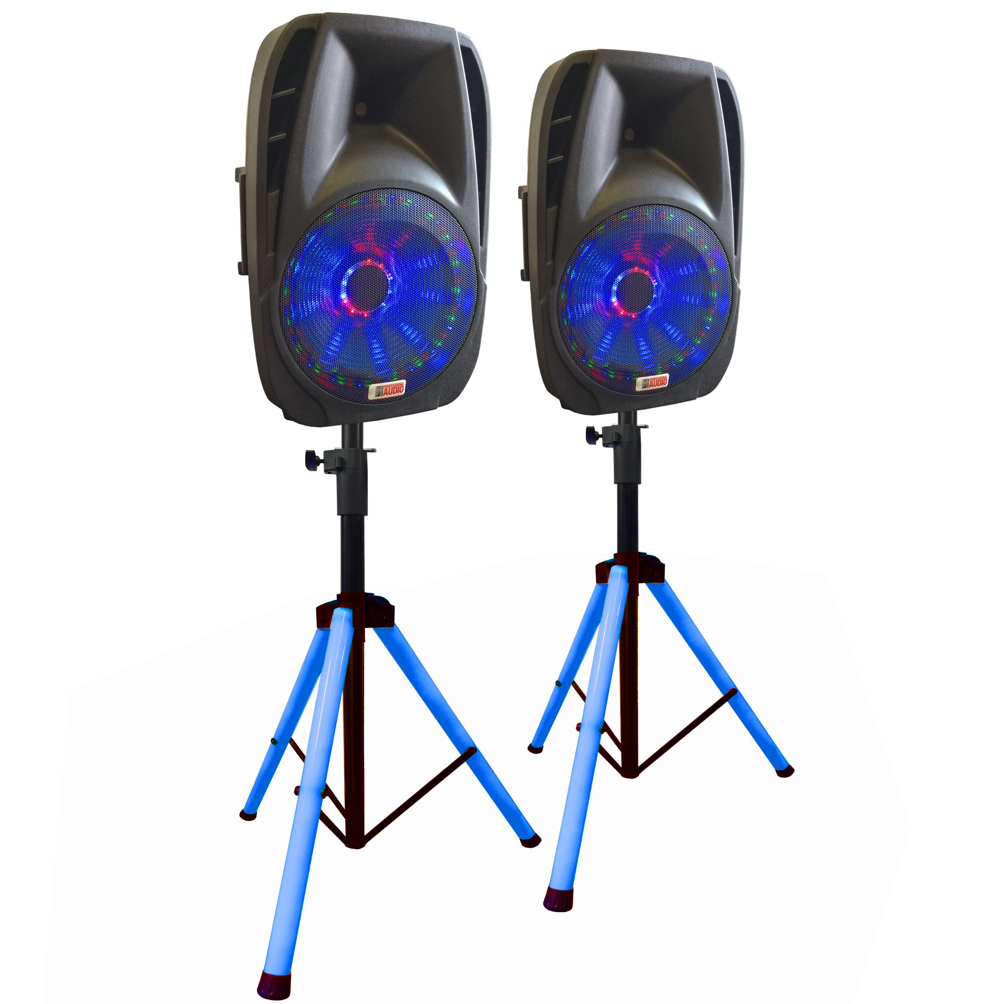 15 Inch Professional DJ Speaker Pair with Stands & LED Lights – Adkins DJSYS-81 – Perfect for Nightclubs, Parties & Live Events