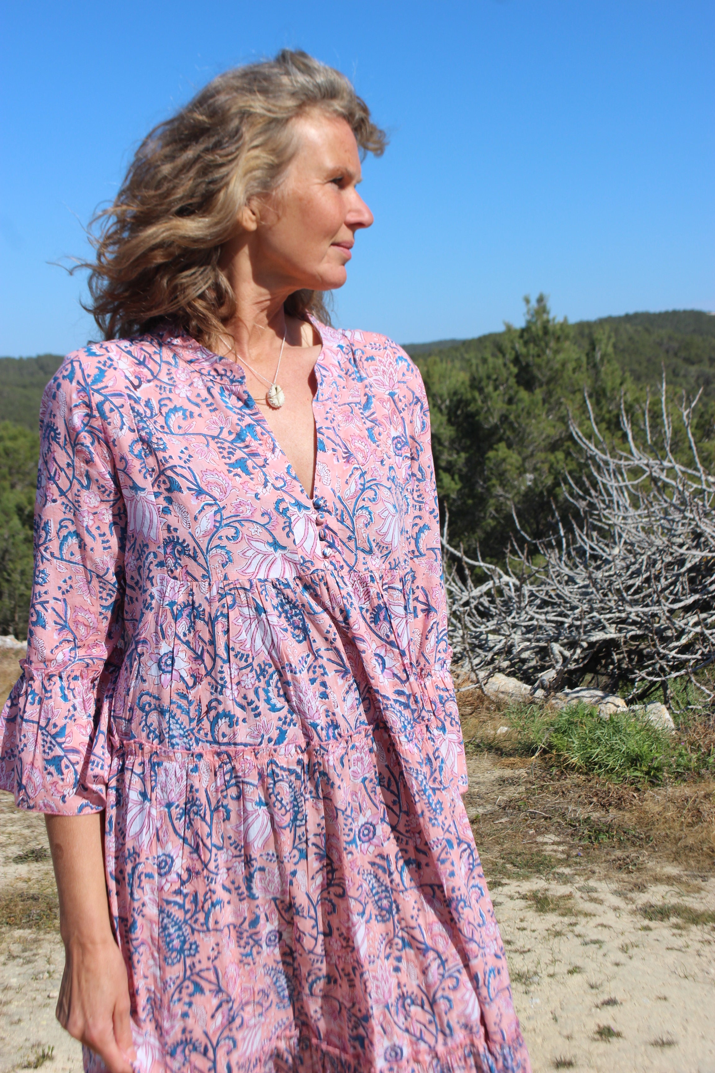Elegant Long Rose Cotton Geo Dress - Flowy Boho Maxi Dress for Women, Perfect for Summer, Beach, and Casual Outings