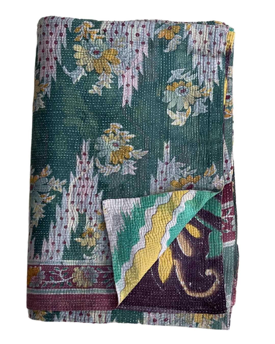Handmade Midweight Kantha Quilt No. 665 - Traditional Indian Cotton Bedspread, Lightweight Blanket & Boho Home Decor for Cozy Bedroom, Living Room or Yoga Studio