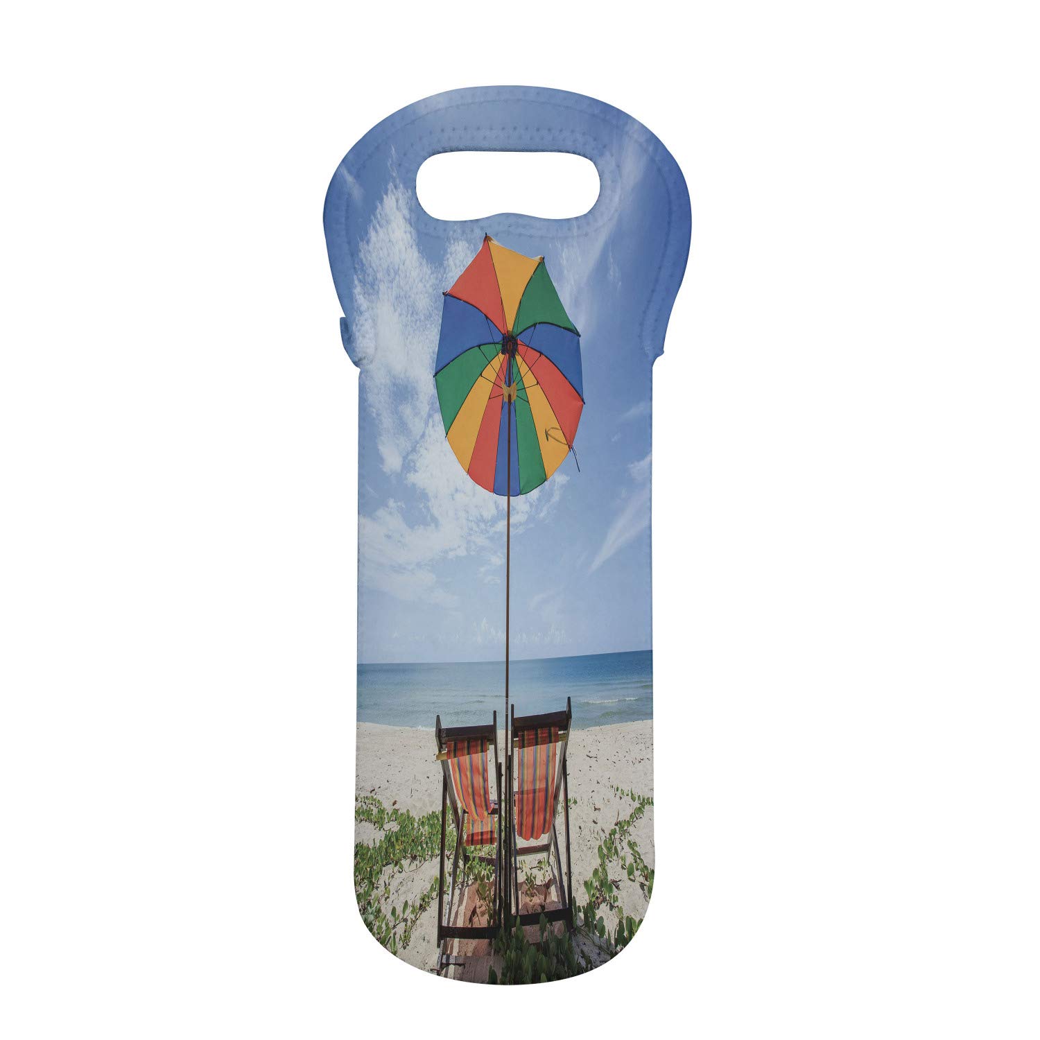 Lunarable Neoprene Wine Bottle Carrier - Insulated Beach Bag for Champagne & Water Bottles (1 Bottle Capacity) - Vibrant Seaside Holiday Design with Chairs & Umbrella - Perfect for Picnics, Beach Trips & Outdoor Parties