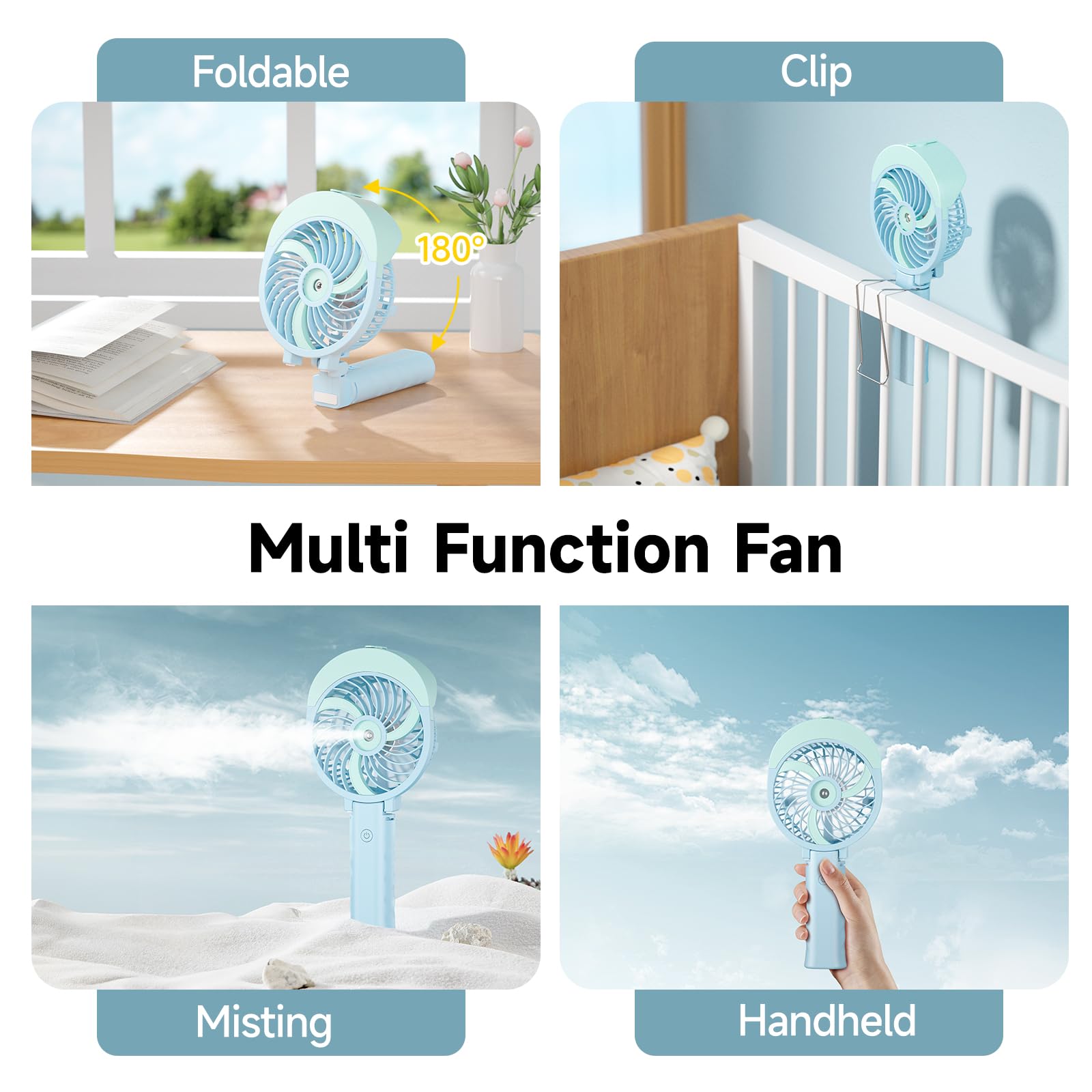 4000mAh Rechargeable Handheld Misting Fan with 55ml Large Water Tank - Portable Battery Operated Personal Cooling Fan, 180° Foldable Design & 3 Speed Settings - Perfect for Travel, Beach, Camping, Outdoor Activities & Summer Use (Green)