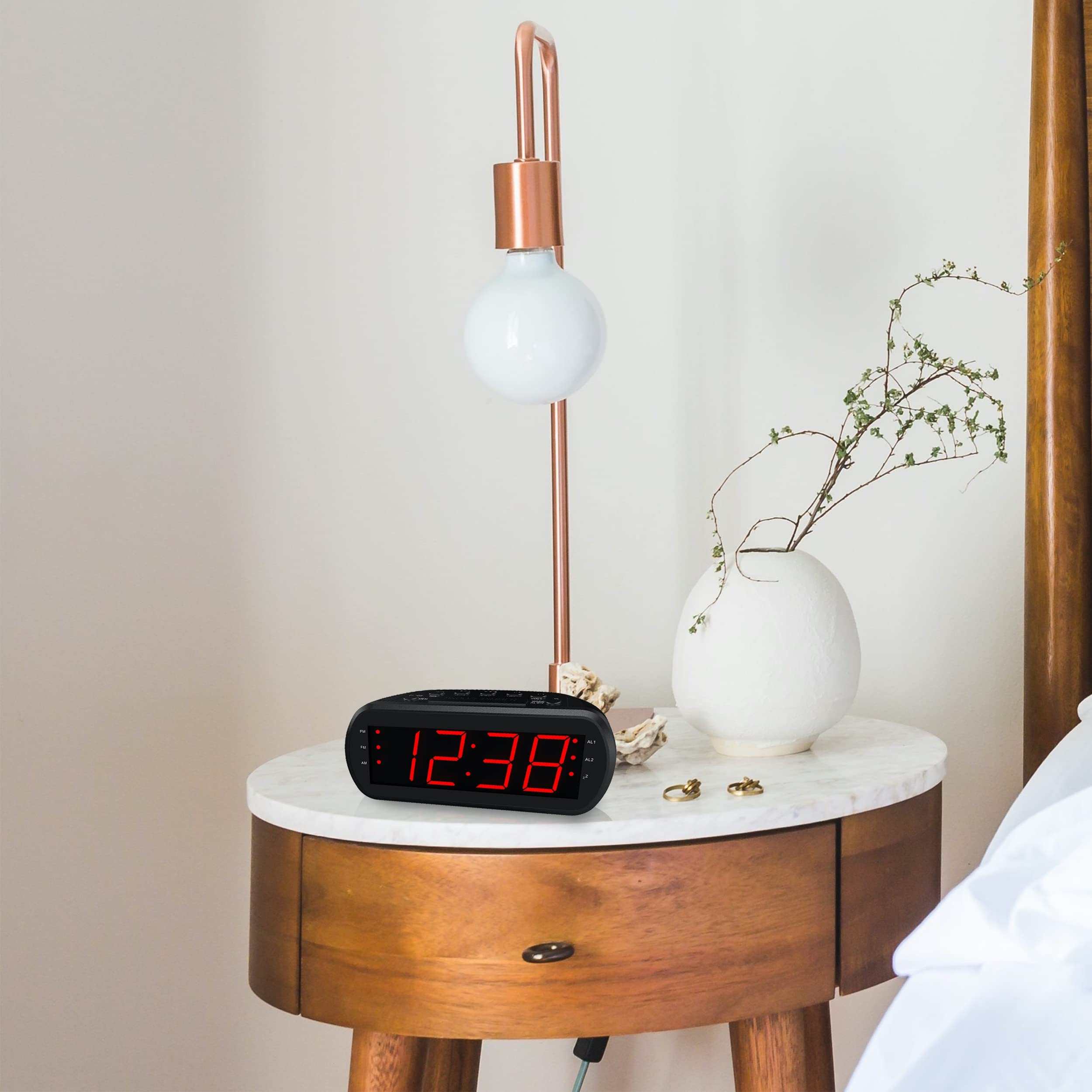 **Large Digital Alarm Clock Radio with FM, Dual Alarms, Red LED Display & Built-in USB Charging Port - Black - Perfect for Bedroom, Office, Travel**