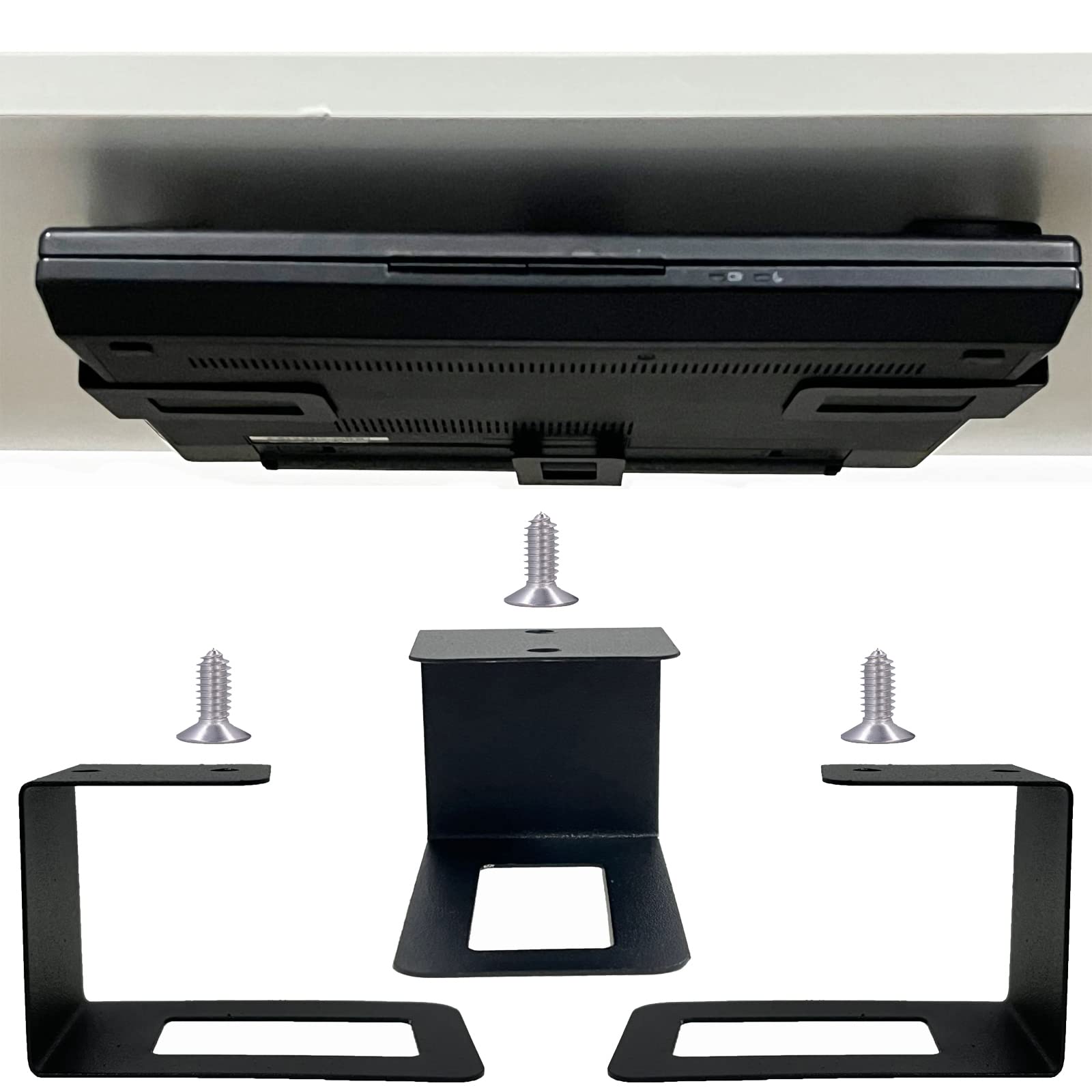 Pmsanzay Under Desk Laptop Holder Organizer Rack with Screws, Compatible with Laptops, Keyboards, Routers, Modems, Cable Boxes, Network Switches & More, Supports Devices up to 1.8 inches Thick, Black Stainless Steel, Perfect for Home Office and Workspace Organization