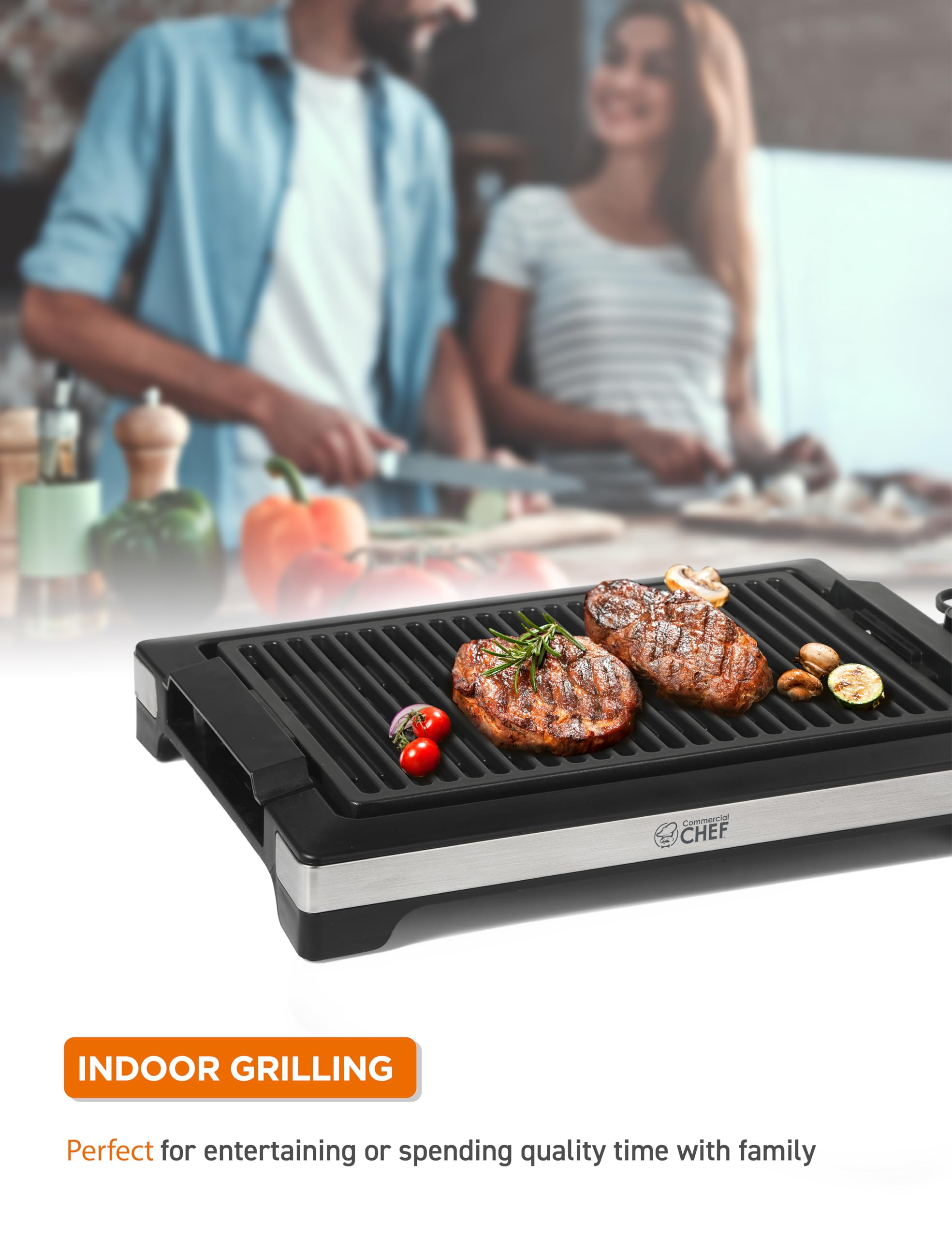 Commercial Chef 1600W Electric Indoor Grill - Adjustable Temperature Control, Stainless Steel & Black Countertop Grill for Kitchen, Tabletop - Perfect for Small Spaces, Apartments & Quick Meals