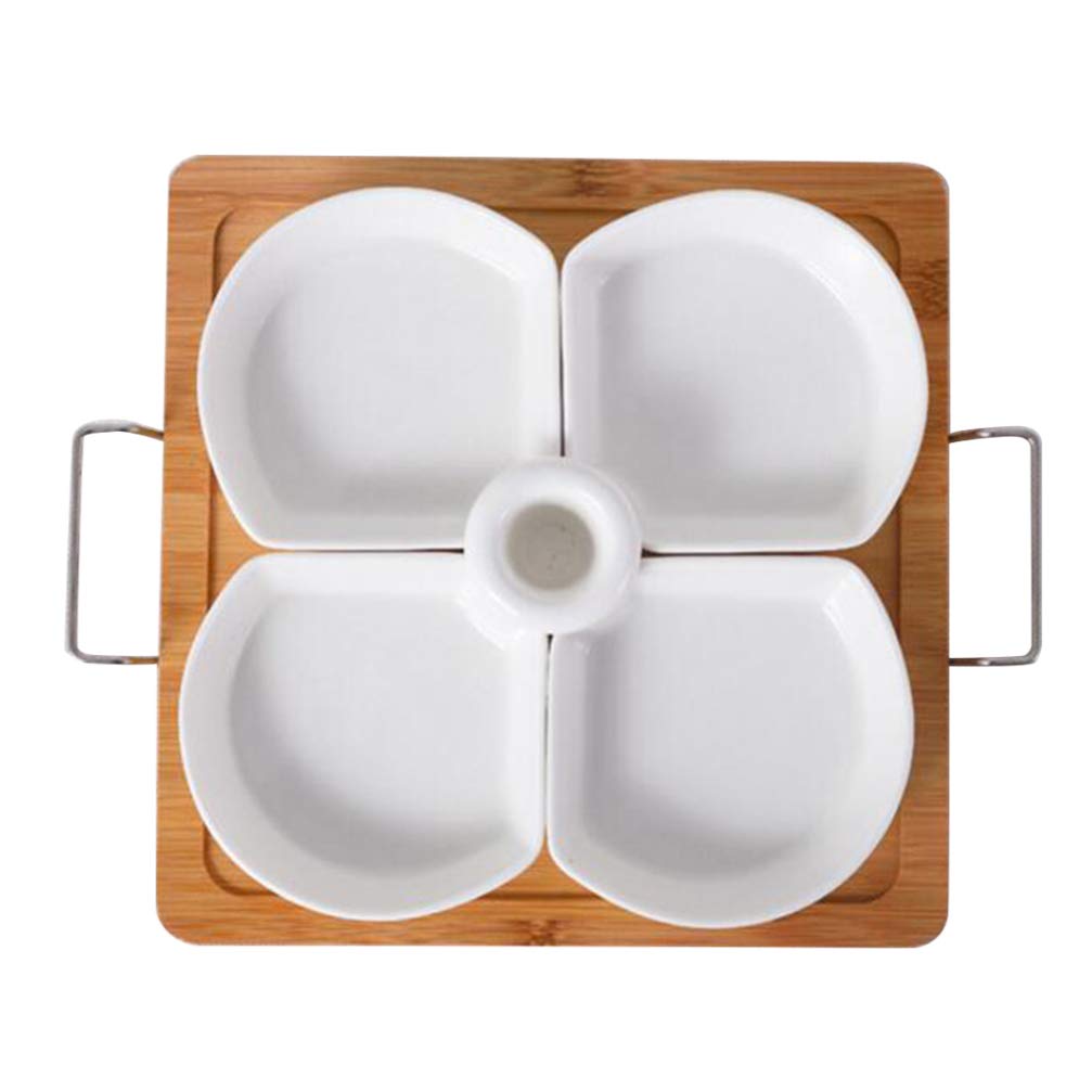 Hemoton Ceramic Snack Tray Set with Carbonized Bamboo Partitions - Fan-Shaped Serving Platter for Fruits, Nuts, Dried Snacks, Condiments | Perfect for Party Appetizers, Charcuterie Boards & Home Entertaining