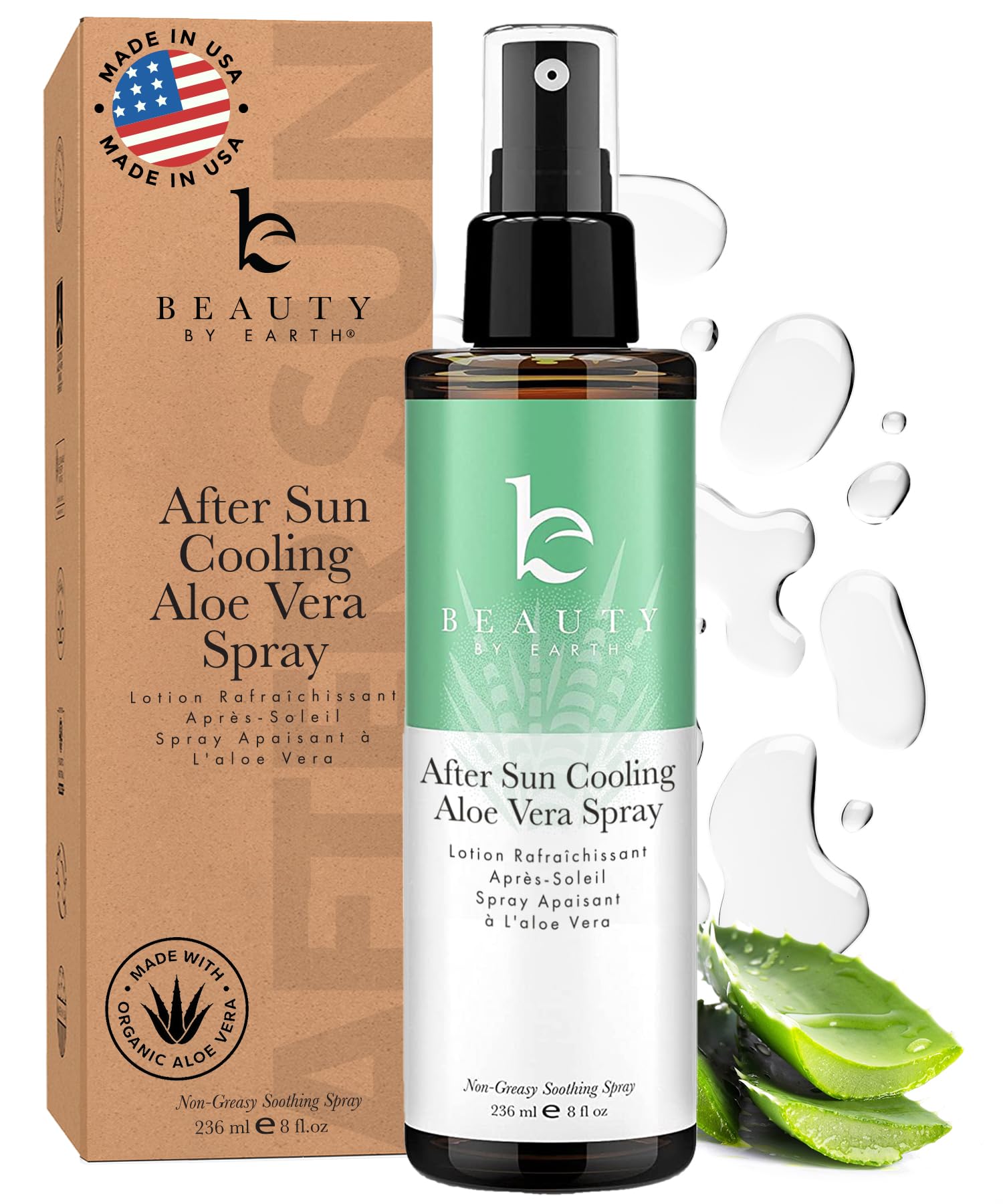 Organic Aloe Vera After Sun Cooling Spray by Beauty by Earth - USA Made, Fast Absorbing Sunburn Relief & Skin Hydration for Body | Perfect for Post-Sun Exposure, Beach Days & Outdoor Activities