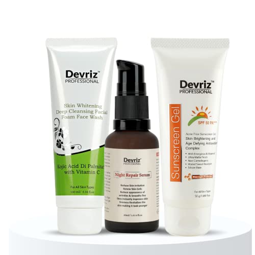 Devriz Skin Whitening Foam Face Wash, Night Repair Serum & Vitamin E Sunscreen Gel - 3 Piece Acne-Free Skincare Set with Blue Light Protection for All Skin Types | Daily Cleansing, Anti-Aging & Sun Protection Routine
