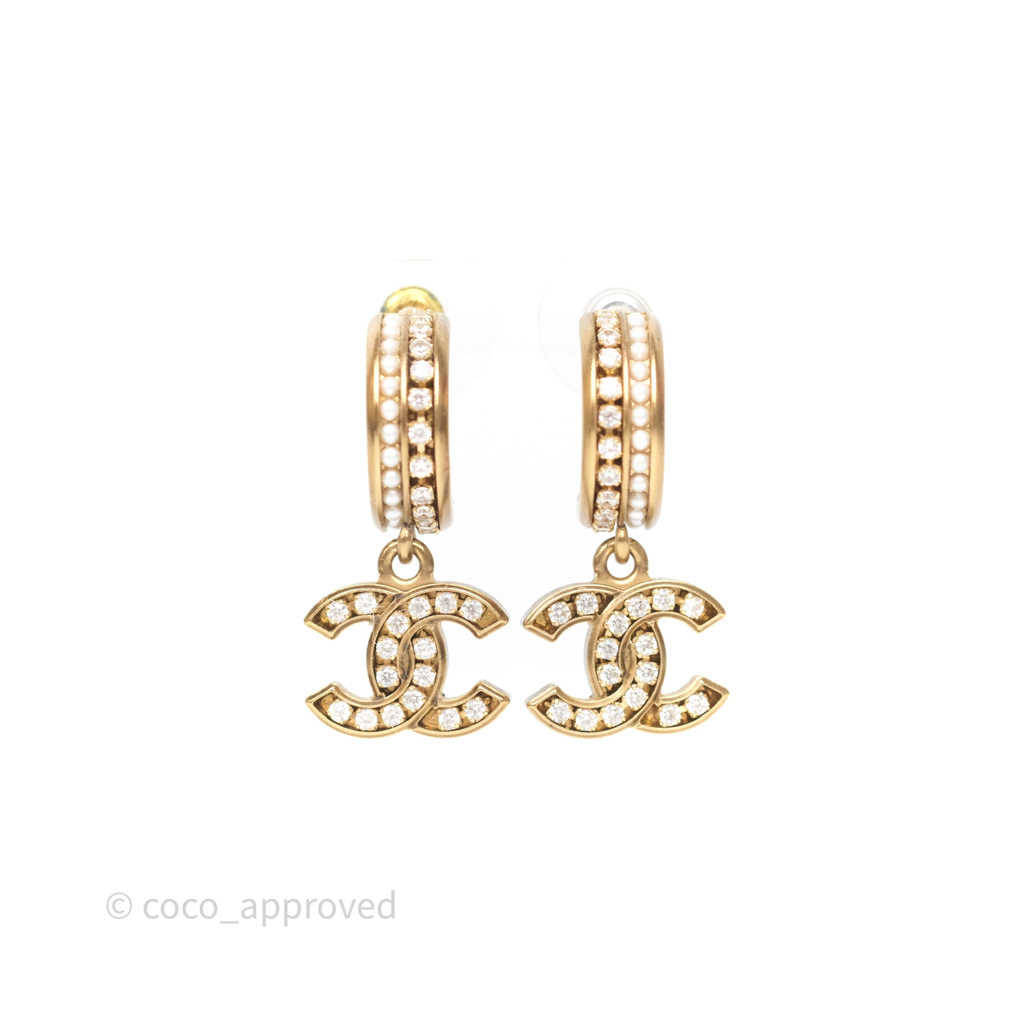 Chanel CC Crystal Pearl Hoop Earrings Gold Tone 21C - Luxury Fashion Jewelry for Women, Elegant Pearl & Crystal Design - Perfect for Parties, Weddings & Special Occasions