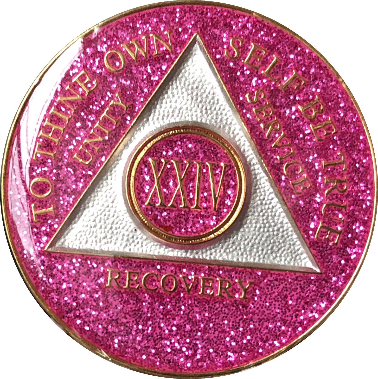24 Year AA Medallion Glitter Pink Tri-Plate Chip XXIV - Elegant Collectible Coin for Anniversary Gifts, Special Occasions & Coin Enthusiasts