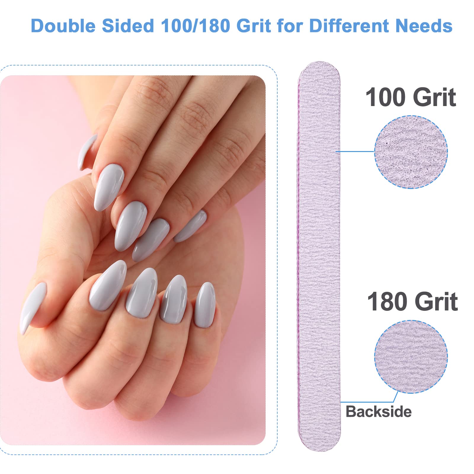 50 Pcs Professional Nail Files Set - 100/180 Grit Double Sided Emery Boards for Acrylic, Natural & Gel Nails - Reusable Washable Manicure Pedicure Kit (Gray) - Perfect for Home Salon, Travel & DIY Nail Care
