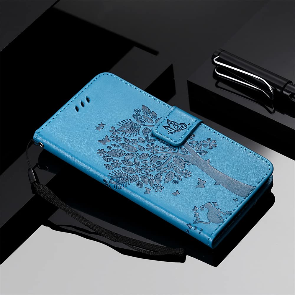 iPhone 13 Mini Wallet Case with Kickstand & Card Holder - Cute Butterfly Cat Embossed PU Leather Protective Cover for iPhone 13 Mini 5.4 Inch (Wish Tree Blue) | Perfect for Everyday Use, Travel & Hands-Free Viewing