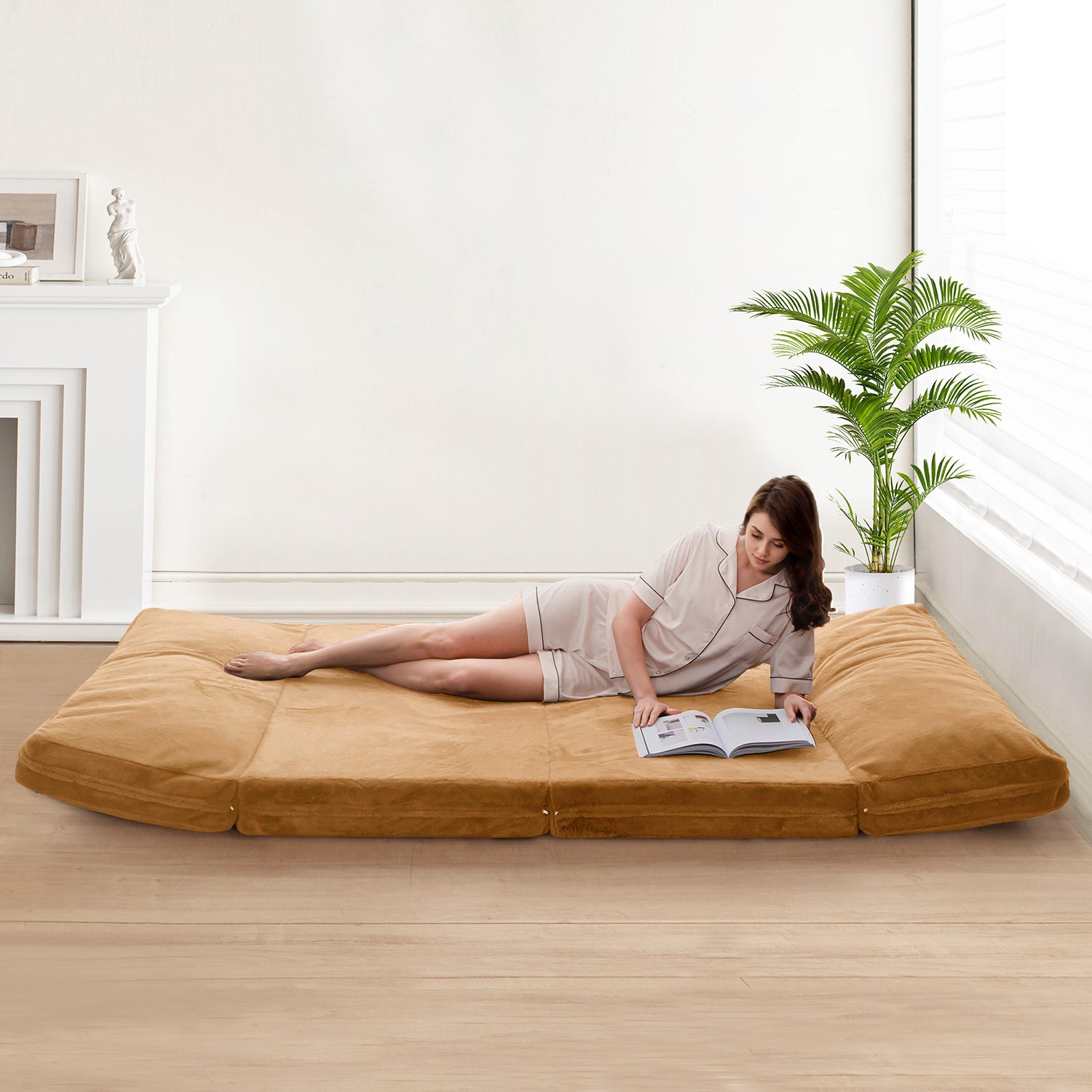 MAXYOYO Foldable Bean Bag Sofa Bed - Extra Thick Multi-Functional Floor Lounger with Washable Faux Fur Cover (Brown) - Perfect for Living Rooms, Dorms & Game Rooms