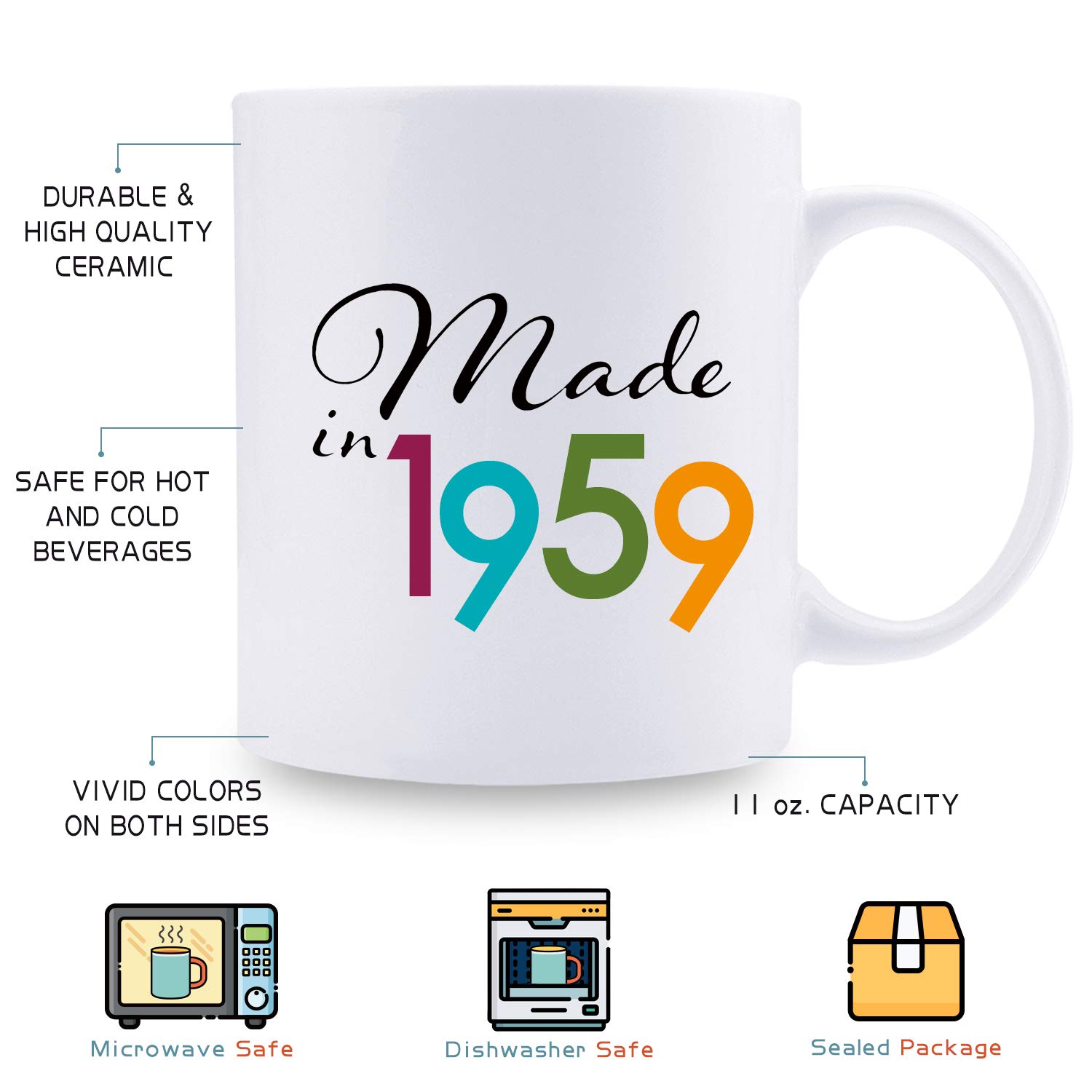 60th Birthday Gifts for Women 1959 - Funny 60 Years Old Birthday Coffee Mug for Mom, Wife, Friend, Sister, Her, Colleague (11oz) - Perfect Retirement Gift, Office Gift & Birthday Celebration Present