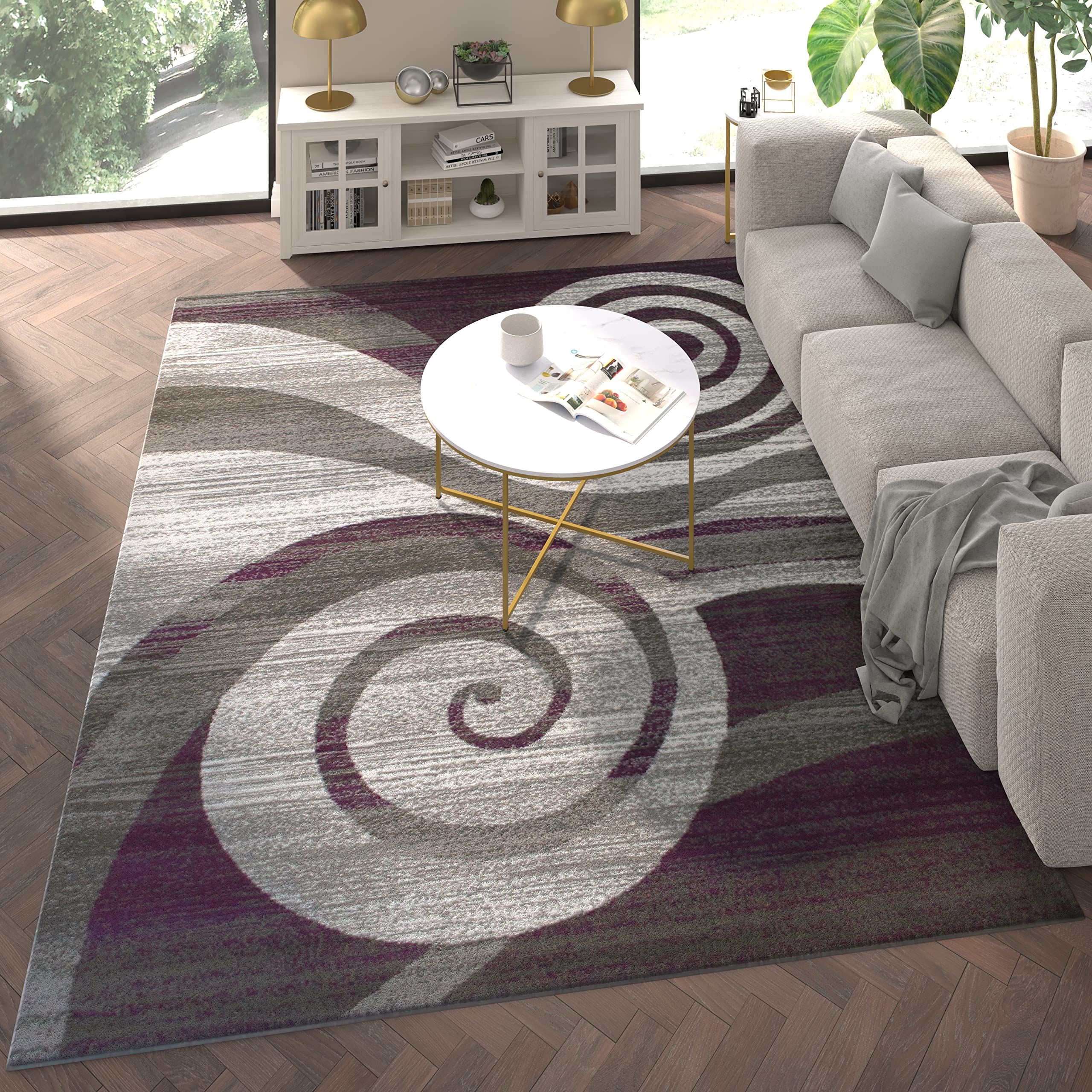EMMA + OLIVER Ultra Soft Plush Accent Rug - 8x10 Purple Gray Black White Scraped Swirls Design - Easy Care Jute Backing - Moisture & Stain Resistant - Perfect for Living Room, Bedroom or Nursery Decor