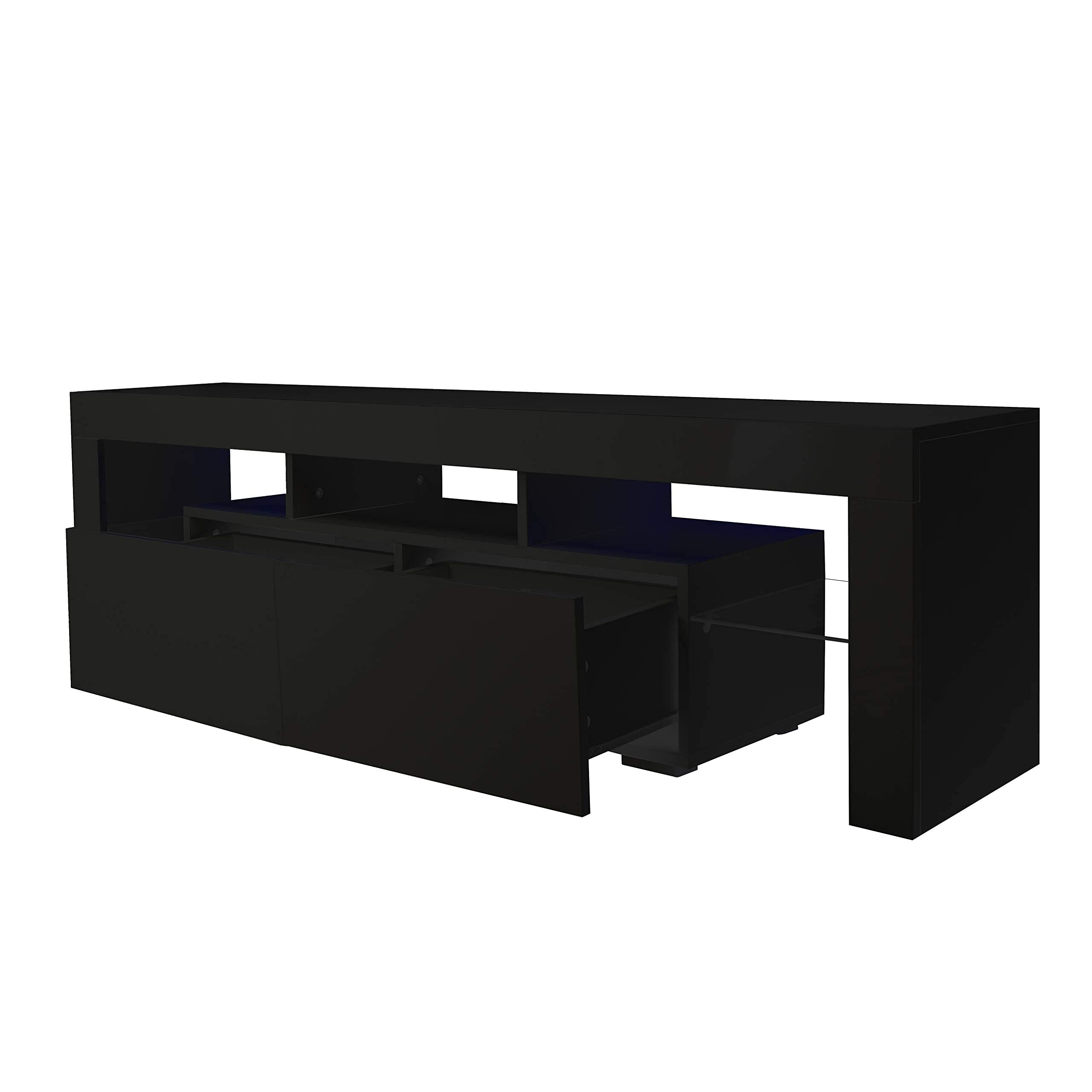 63 Inch High Glossy Modern TV Stand with LED Lights - 16 Color Changing TV Cabinet with 2 Storage Drawers - Entertainment Center for 70 Inch TVs - Black Living Room Furniture for Home Theater & Gaming Setup