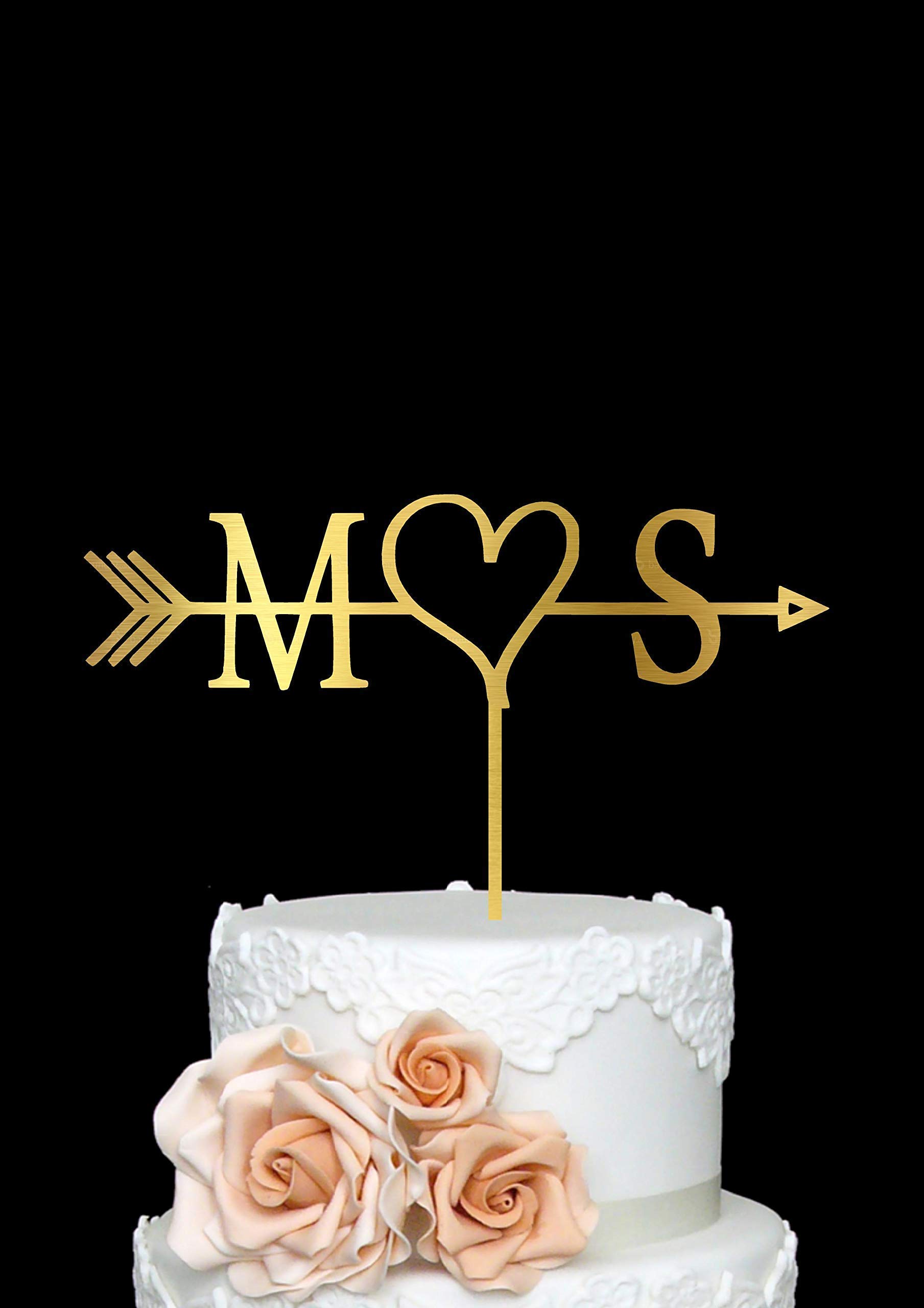 Custom Rustic Wedding Arrow Cake Topper with Initials - Heart-Shaped Rose Gold Engagement & Bridal Shower Cake Decoration for Wedding, Anniversary, and Romantic Celebrations