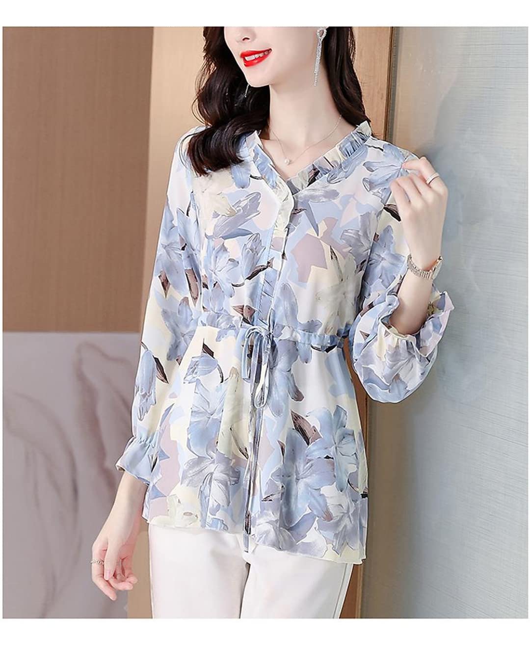Boho Floral Print V-Neck Long Sleeve Blouse for Women - Loose Fit Drawstring Tops in Blue XL | Perfect for Casual Outings, Beach Cover-Ups & Festival Fashion
