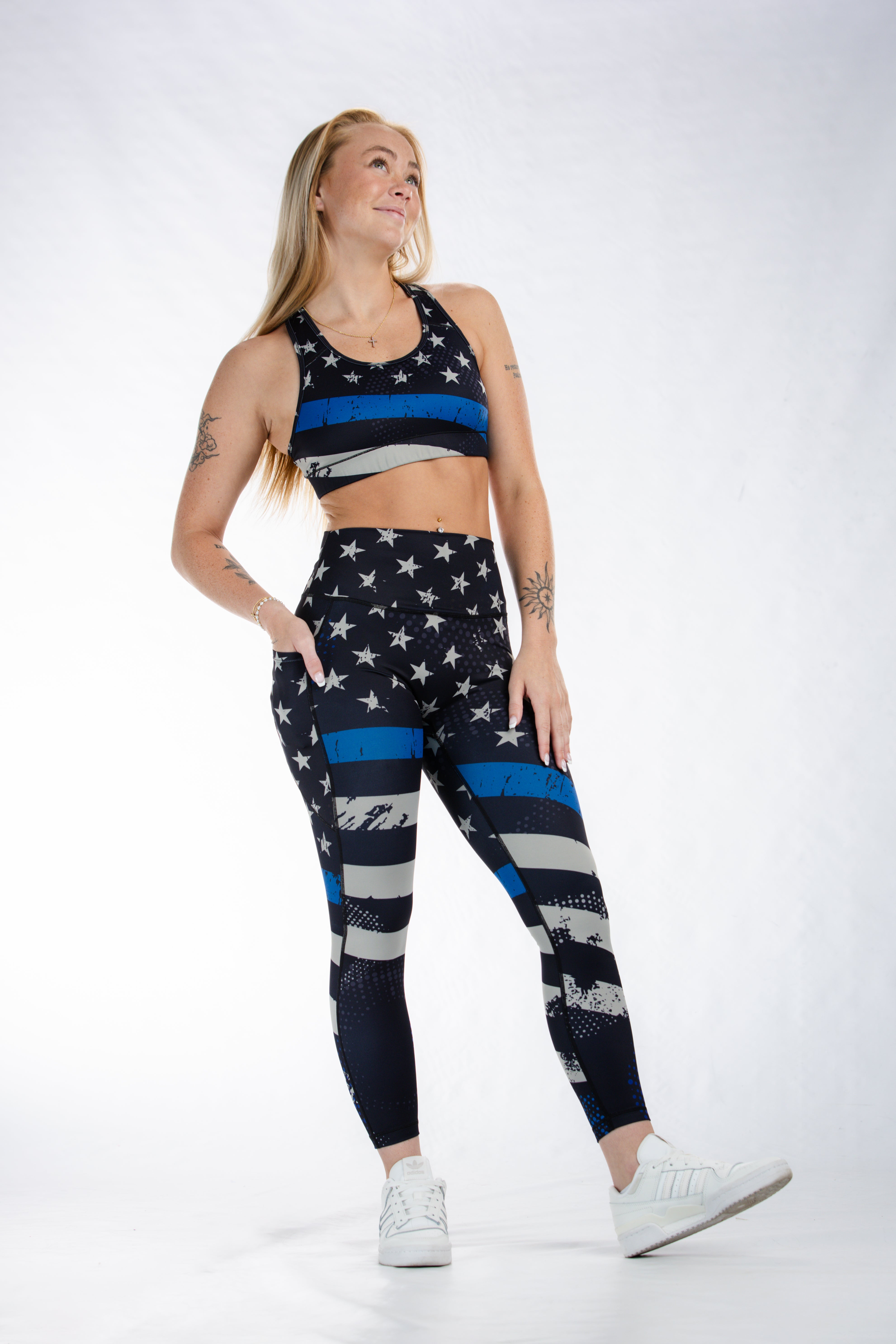 Empowered Leggings for Women - High Waist Yoga Pants with Blue Line Design | Perfect for Workout, Running & Casual Wear